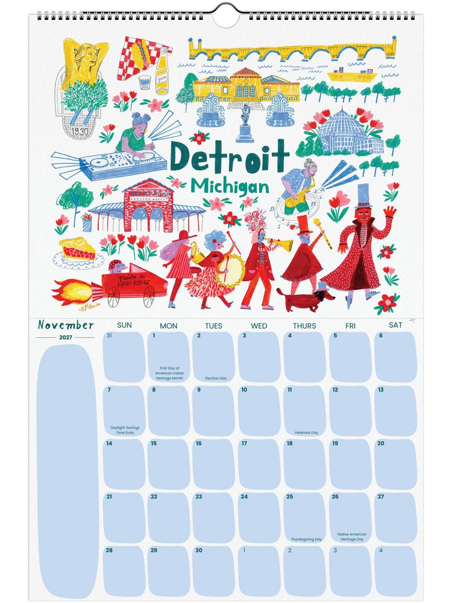 2027 Travel Calendar featuring Detroit, Michigan illustration by illustrator Heather Miller - H Miller Ink art