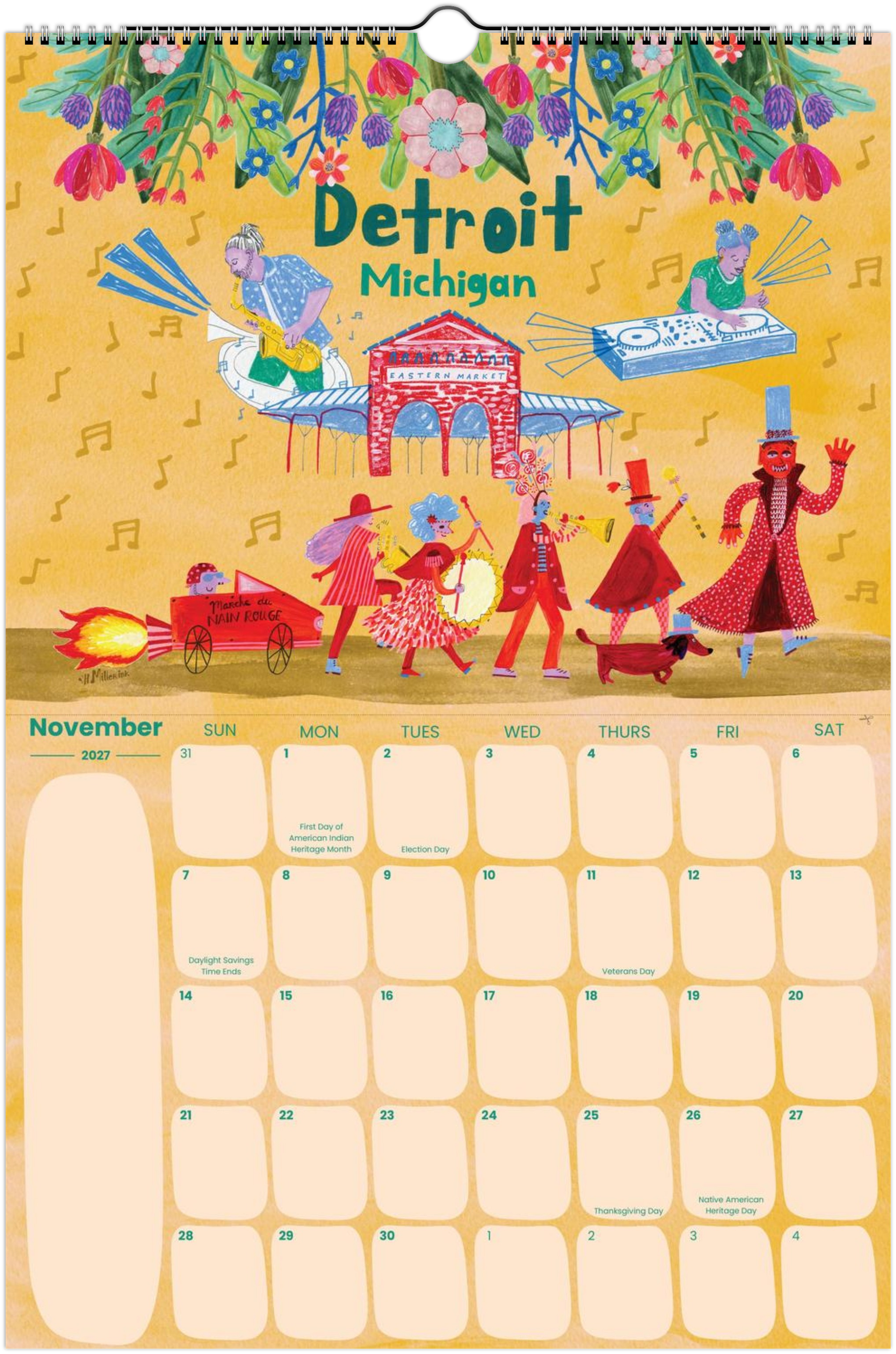 2027 travel calendar by illustrated by Heather Miller featuring Detroit, Michigan artwork