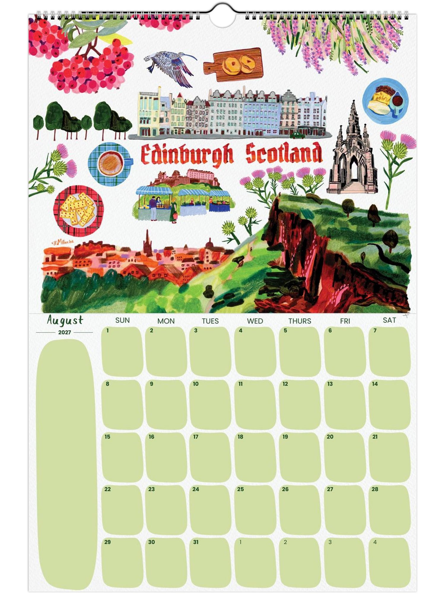 2027 Travel Calendar featuring Edinburgh, Scotland illustration by illustrator Heather Miller - H Miller Ink art