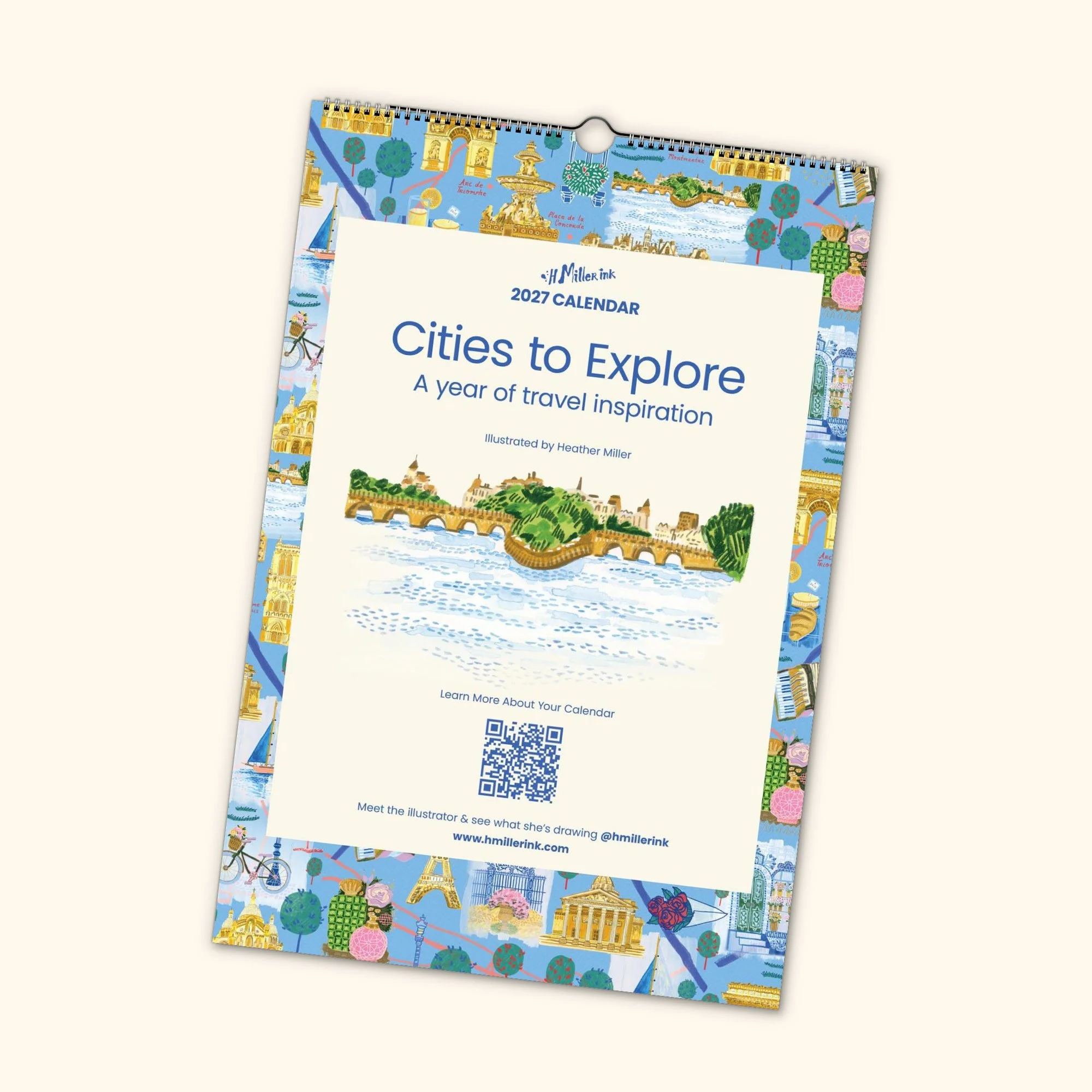 Cover of 2027 Travel Calendar - Cities To Explore by illustrator Heather Miller - H Miller Ink art