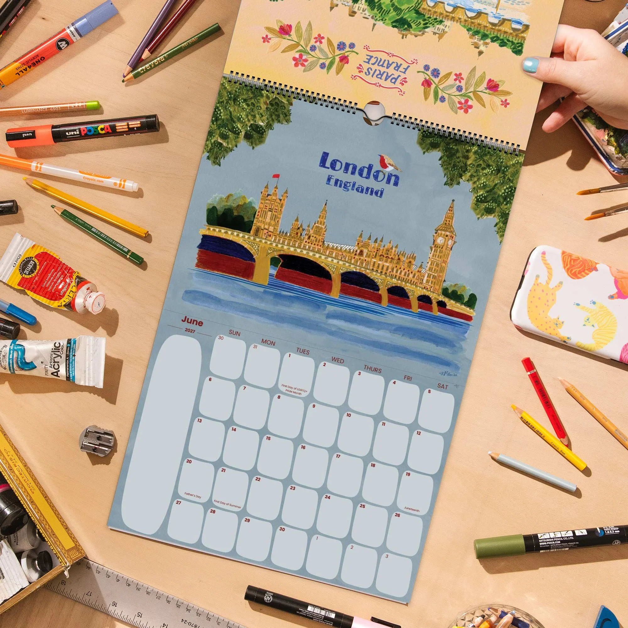 2027 Travel Wall Calendar featuring London, England illustrations hand-drawn by illustrator Heather Miller.
