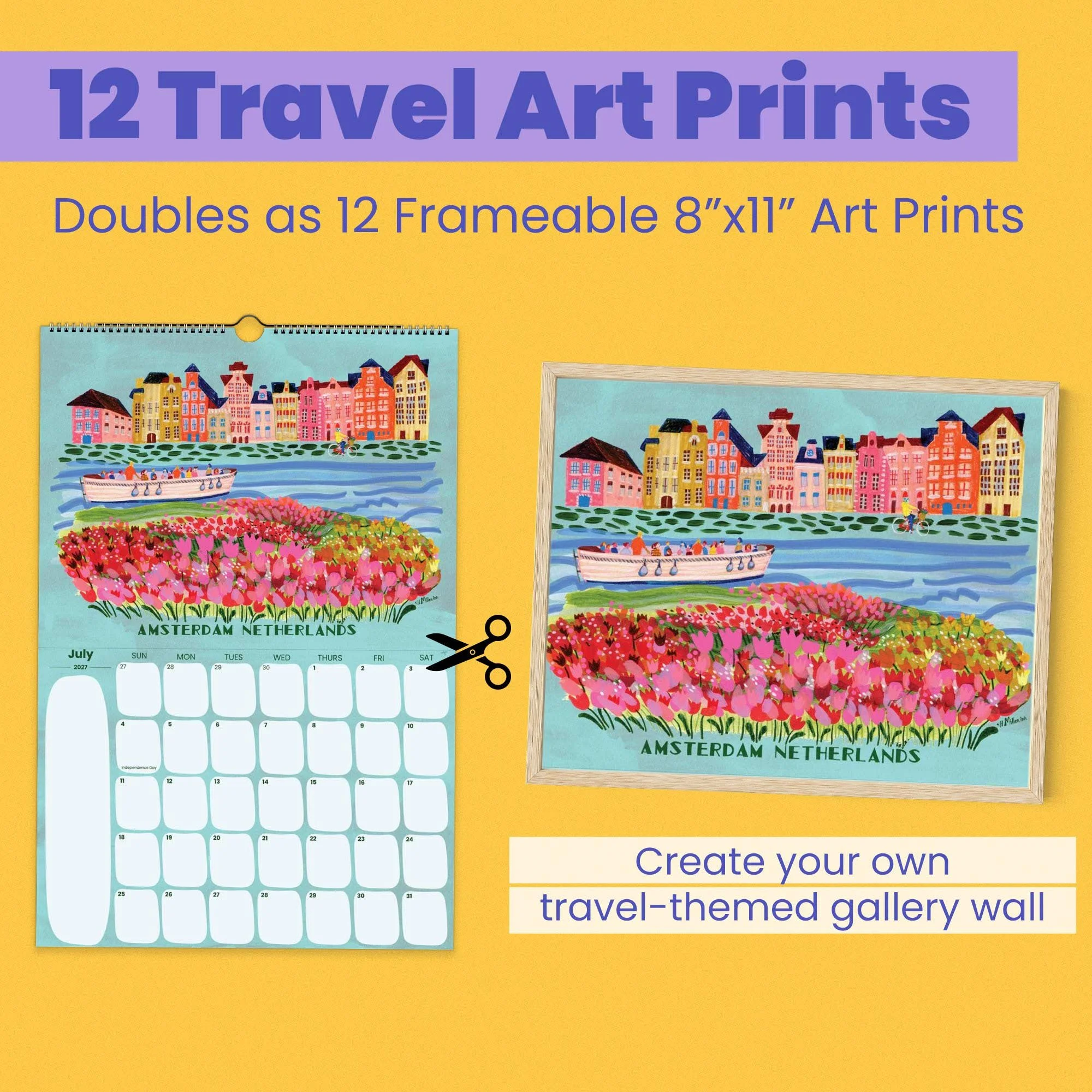 2027 Travel Wall Calendar featuring Amsterdam, Netherlands illustrations hand-drawn by illustrator Heather Miller.
