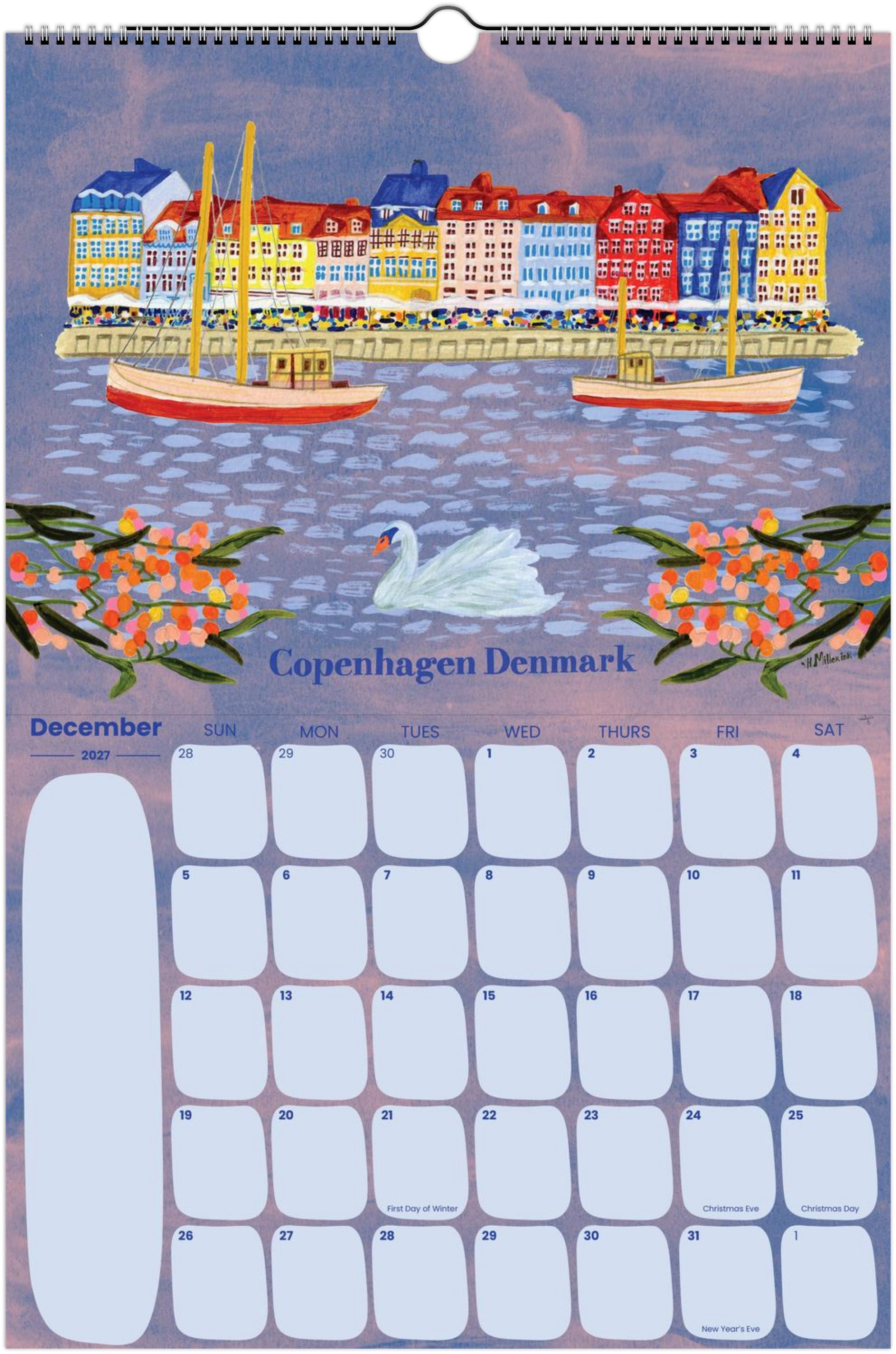 2027 travel calendar by illustrated by Heather Miller featuring Copenhagen, Denmark artwork