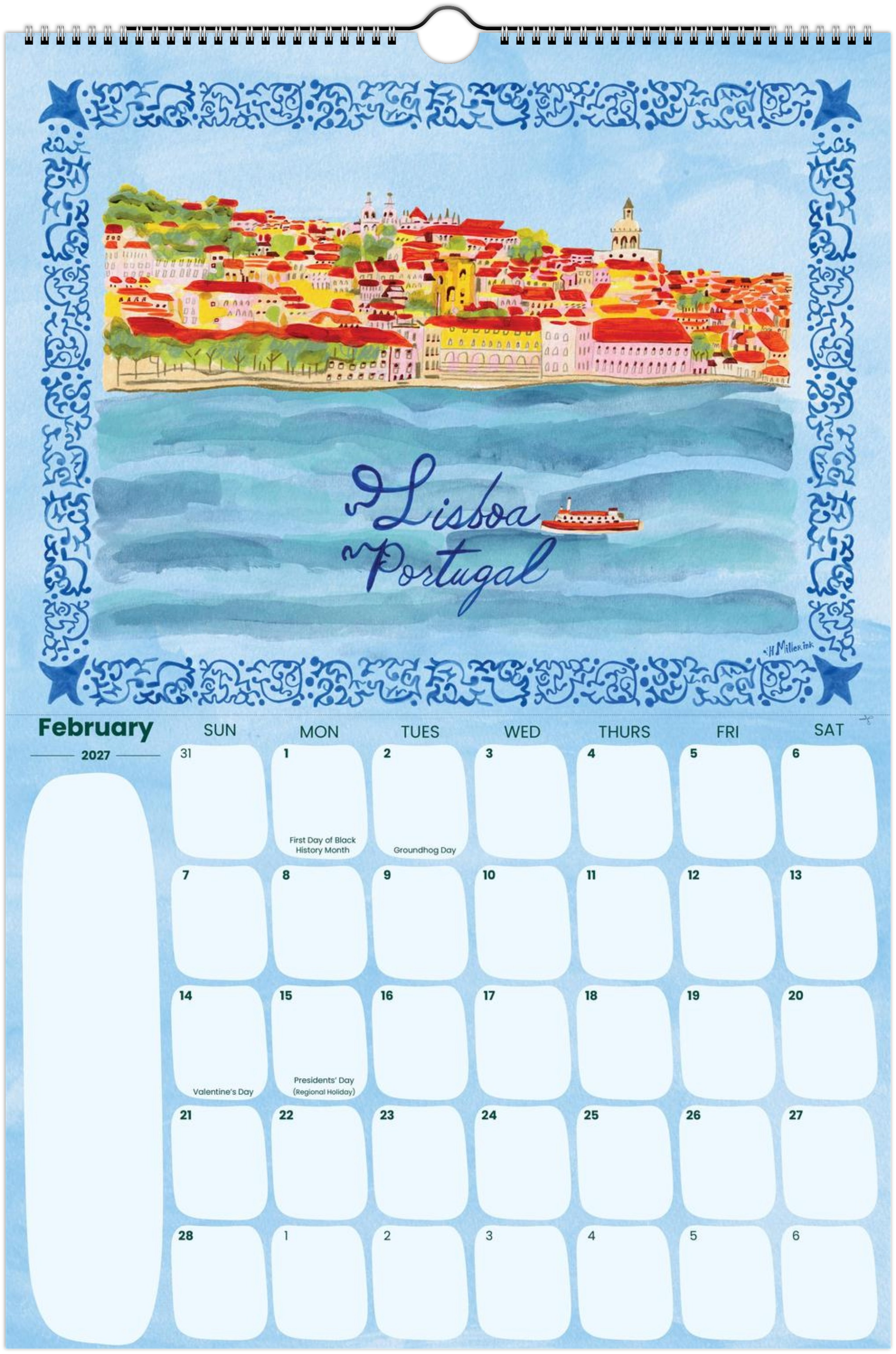 2027 travel calendar by illustrated by Heather Miller featuring Lisbon, Portugal artwork