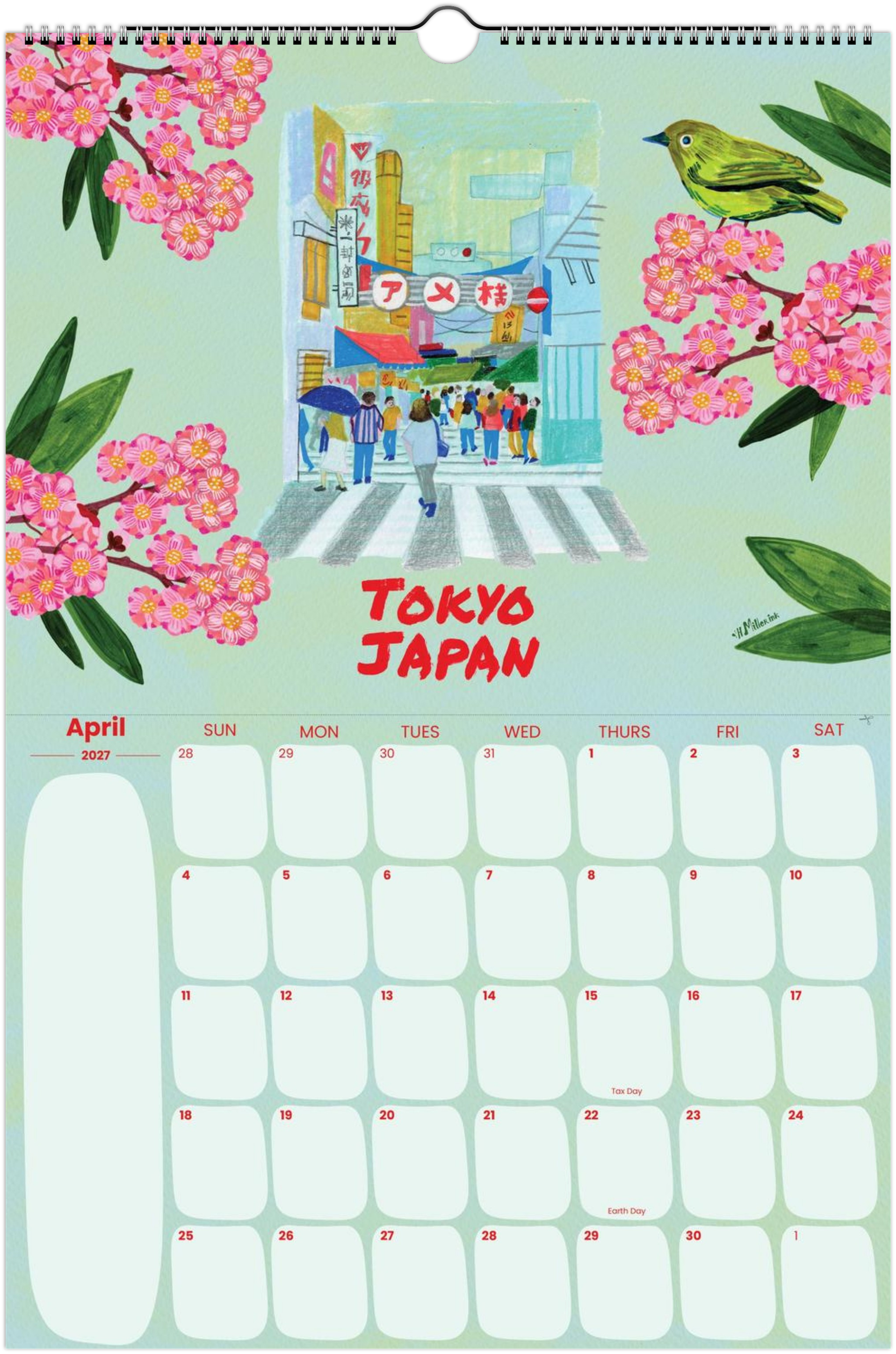 2027 travel calendar by illustrated by Heather Miller featuring Tokyo, Japan artwork