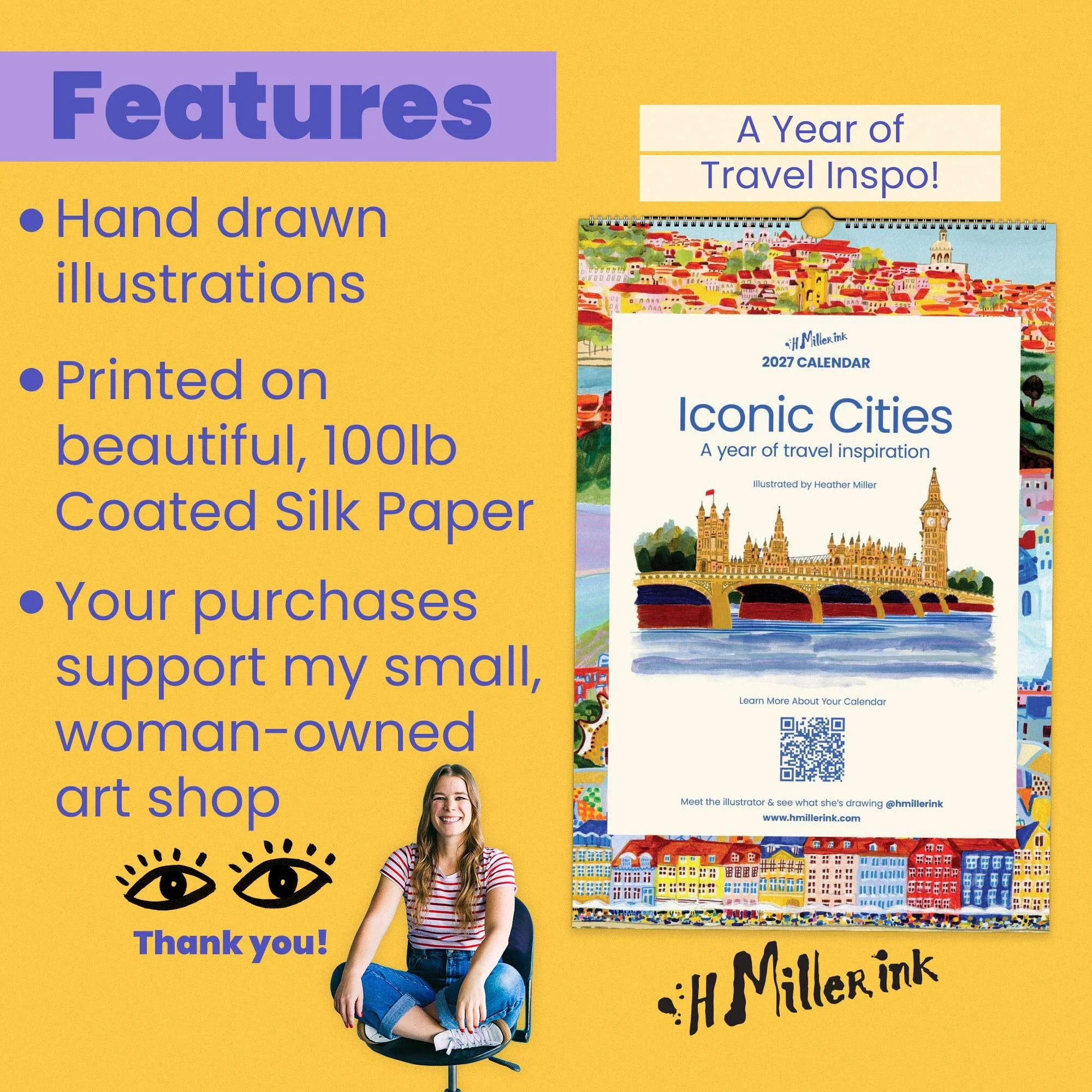 Features of 2027 Travel Wall Calendar with hand-drawn illustrations by illustrator Heather Miller.