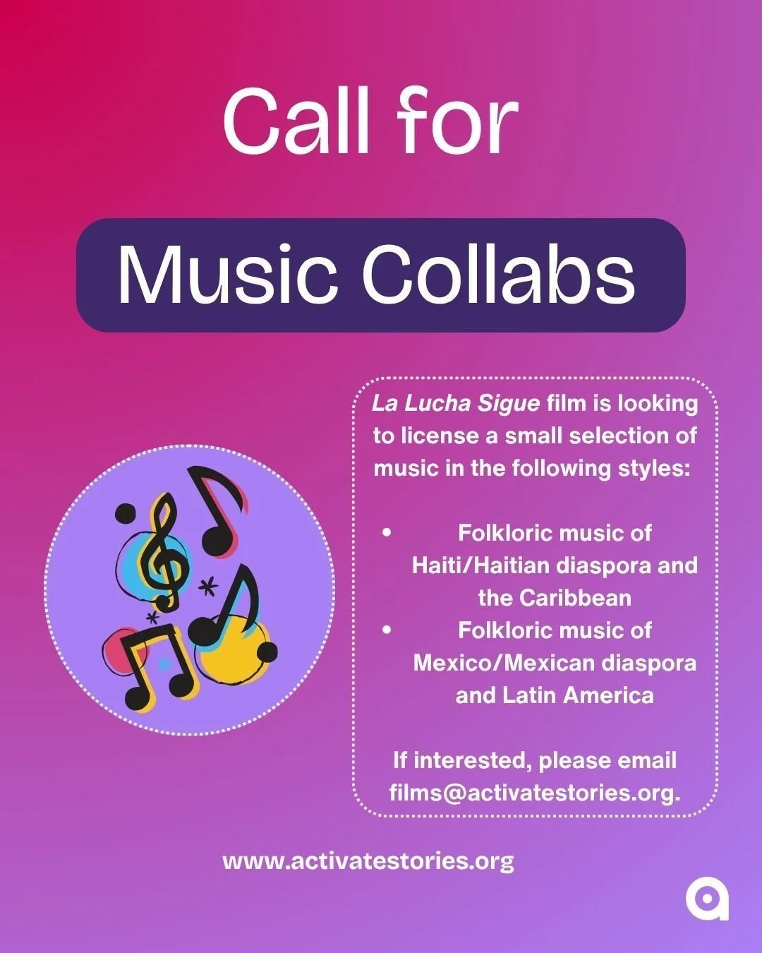 🚨 Check out this music collab opportunity for our La Lucha Sigue film. Please share this with anyone who might be interested!