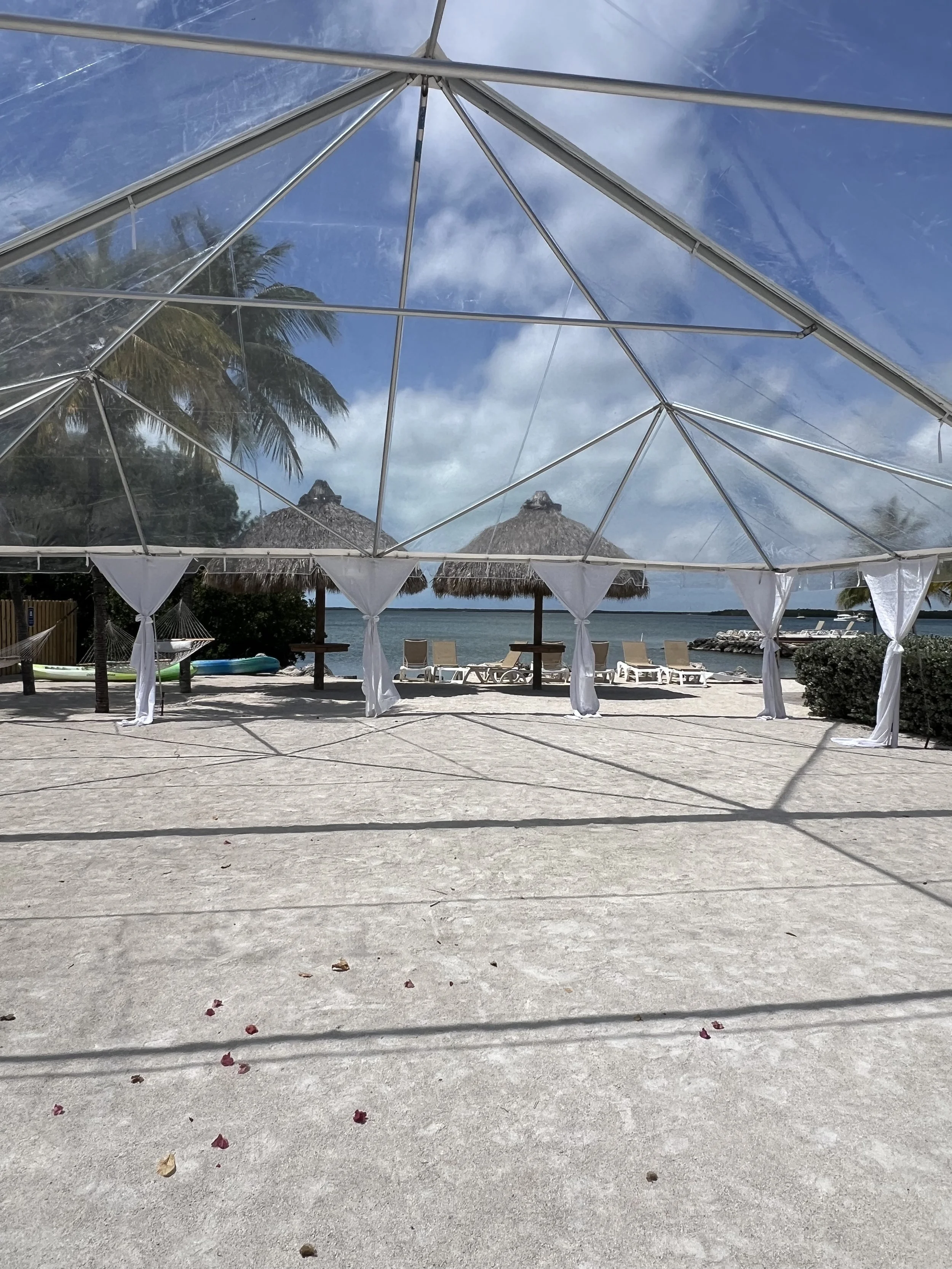 View of a beachside scene through a transparent canopy with white curtains, palm trees, thatched umbrellas, lounge chairs, and the ocean in the background, under a partly cloudy sky.