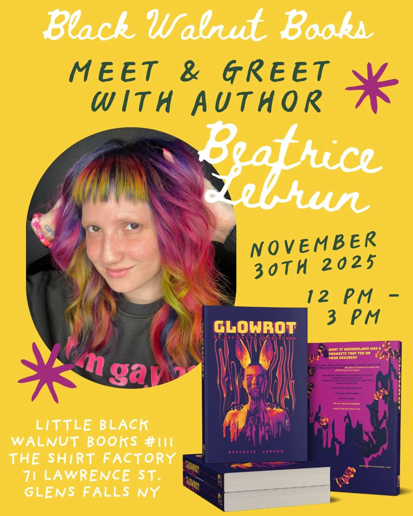 We are so excited to be hosting @beatrice_lebrun for a meet and greet book signing event on Sunday 11/30!

The @shirt_factory_gf Holiday Open House will be happening, so come grab a copy of Glowrot, chat with Beatrice and do some holiday shopping at 