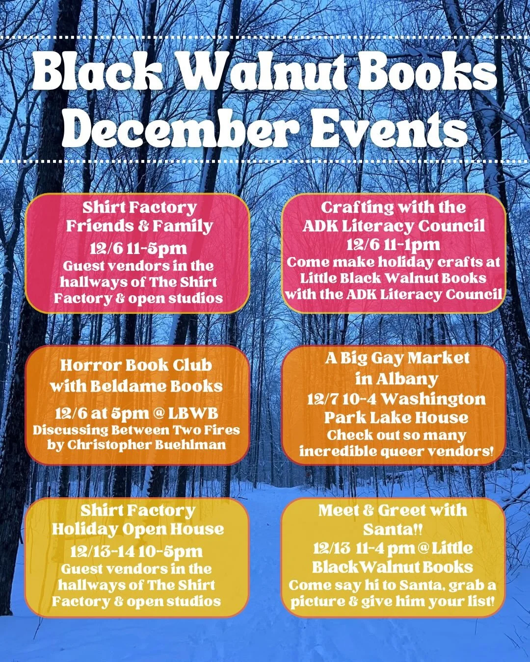 ✨December Events✨

We&rsquo;ve got some fun events this month and plenty of opportunities for you to get some great books as gifts, or to treat yourself to a cozy winter read. We&rsquo;ll be selling books in Saratoga Springs, Albany and Schuylerville