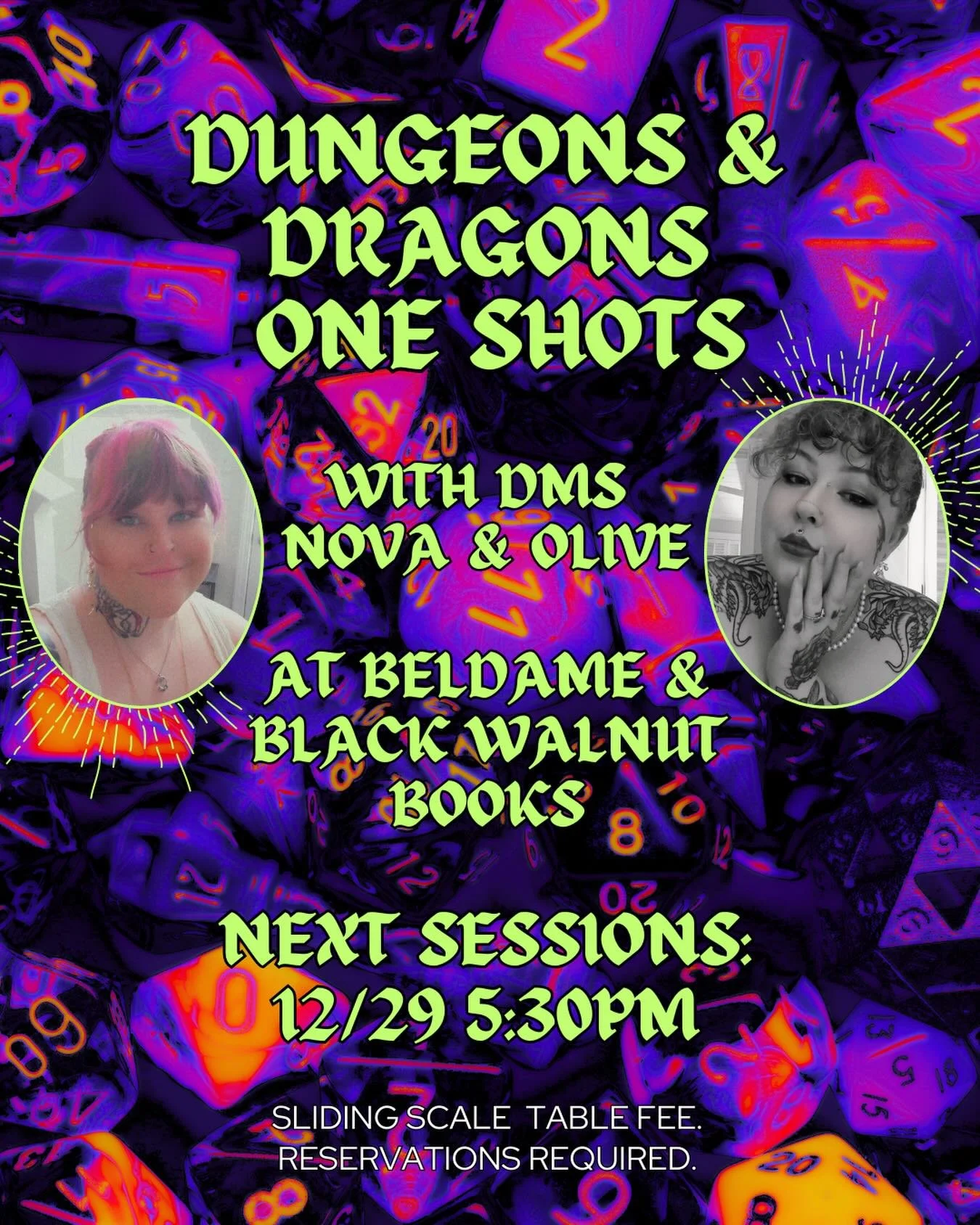 We are hosting another round of Dungeons and Dragons one shots at @beldamebooks and Black Walnut Books with @novalovecraft and @tattoosbyolive on 12/29 at 5:30! Spaces are limited and there is a sliding scale table fee. You can find out more informat