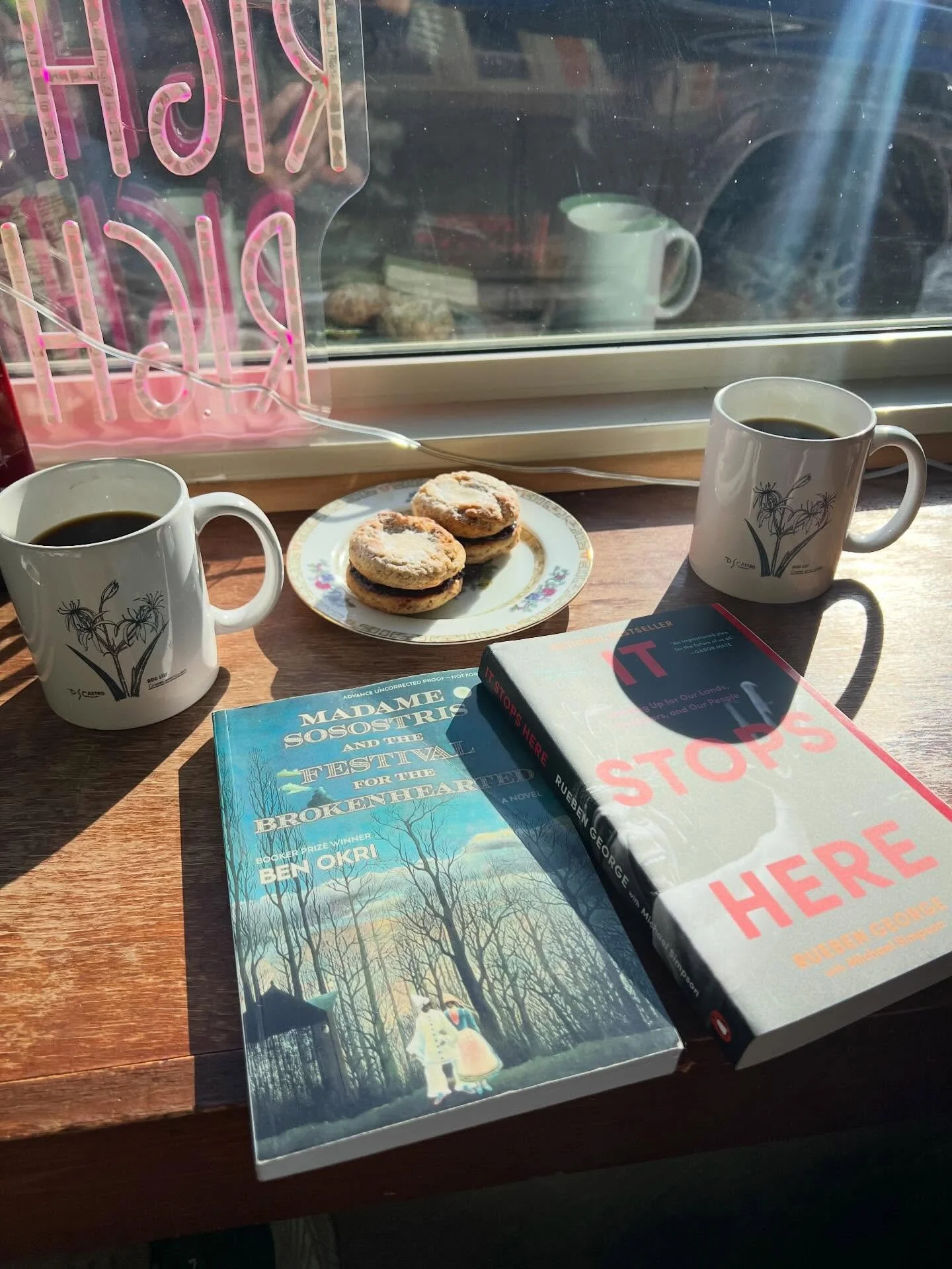 Hard to beat sunshine, coffee, @kitch.a.vibe cookies and a good book. Blaze and I are reading and loving Madam Sosostris and the Festival for the Brokenhearted for a book club with some of our friends. And I&rsquo;m finishing up It Stops Here for the