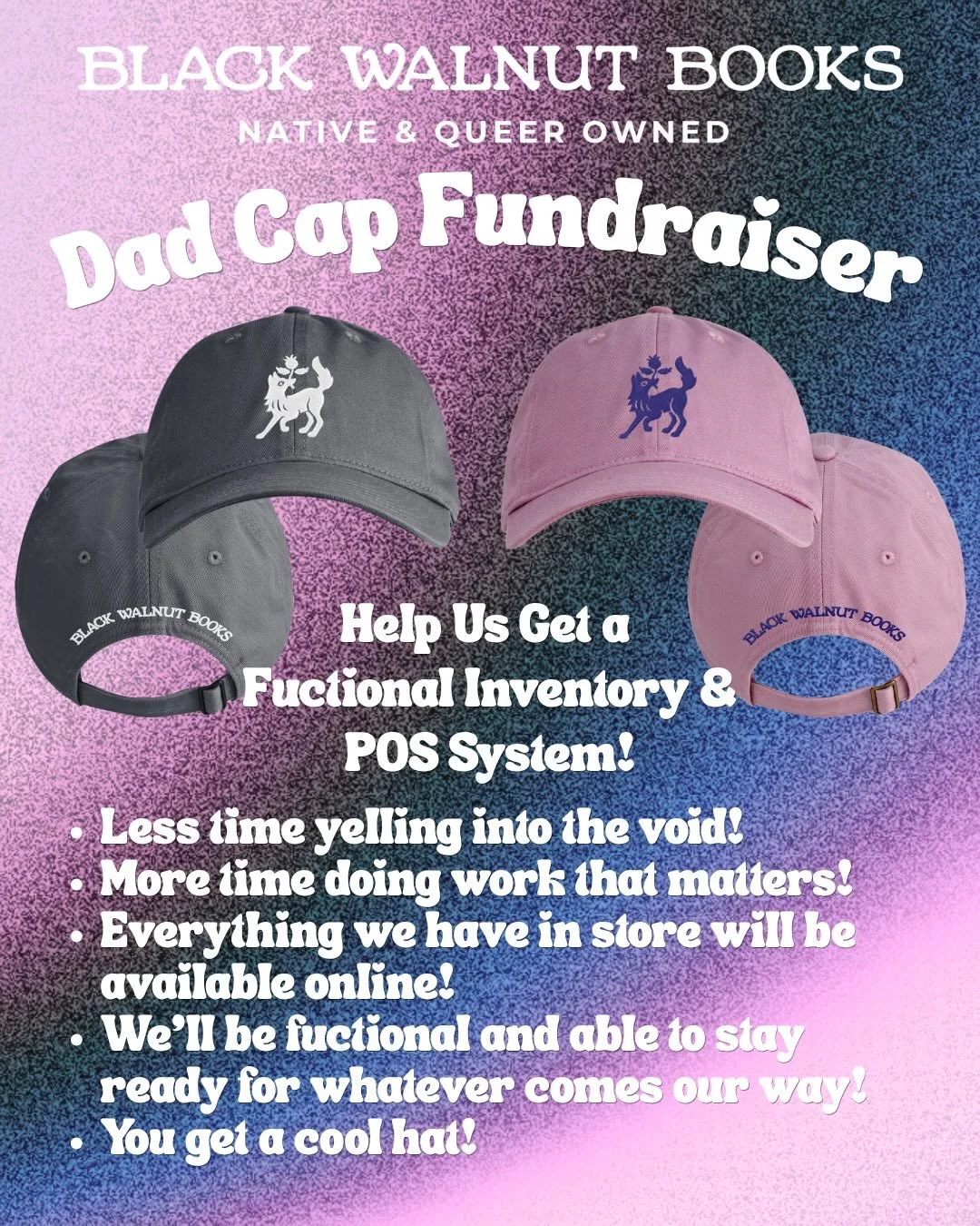 Pre-order Fundraising Caps

We gearing up to take a huge step as a tiny bookstore and invest in a point of sale system that specializes in books. This is something that we have wanted to do for a long time, but has just been out of reach. However, it