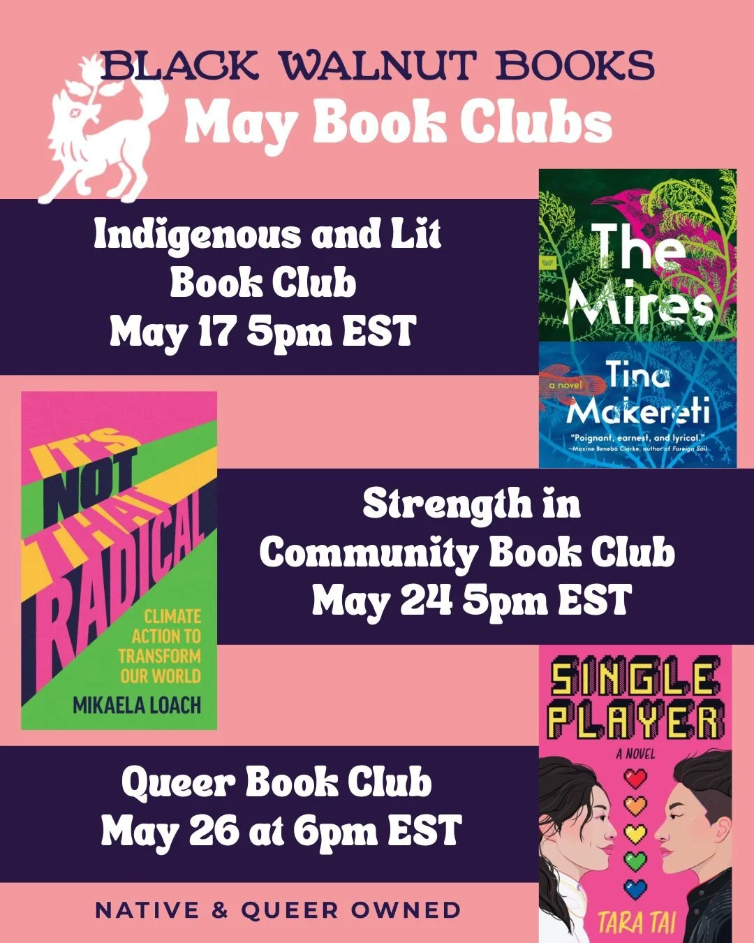 ✨May Book Club Picks✨

Just a heads up, some of our book clubs will be at slightly different times this month. 

Indigenous and Lit will be discussing The Mires by @tina.makereti on 5/17 at 5pm EST

Strength on Community will be discussing It&rsquo;s