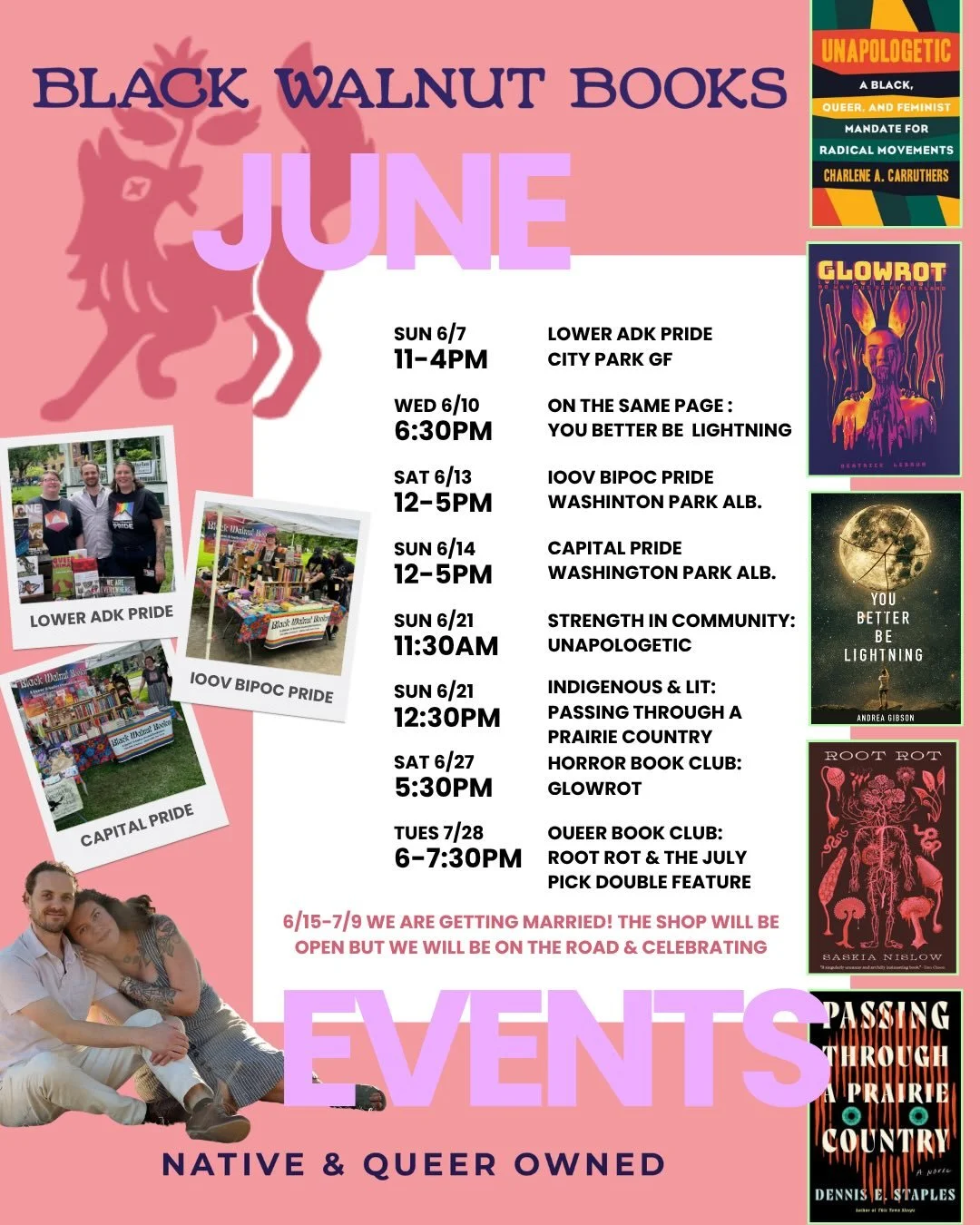 Happy Pride Month!! 🏳️&zwj;🌈✨🏳️&zwj;⚧️

It&rsquo;s going to be a memorable Pride for many reasons, notably, we are getting married at the end of June! 🎉The bookstores will both be open while we are away. Stay tuned for slightly updated hours betw