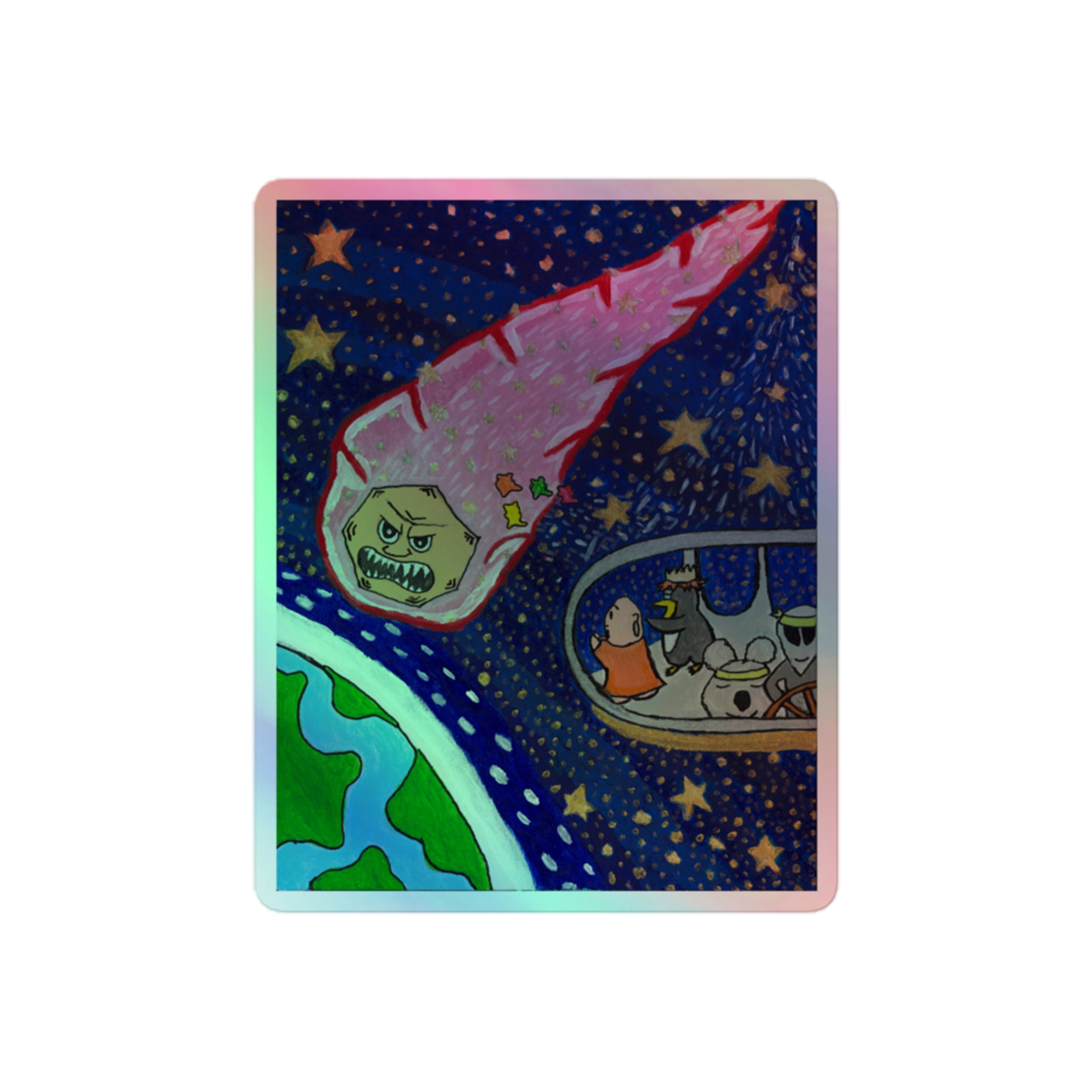 "Buddha & The Angry Asteroid" Holographic Sticker