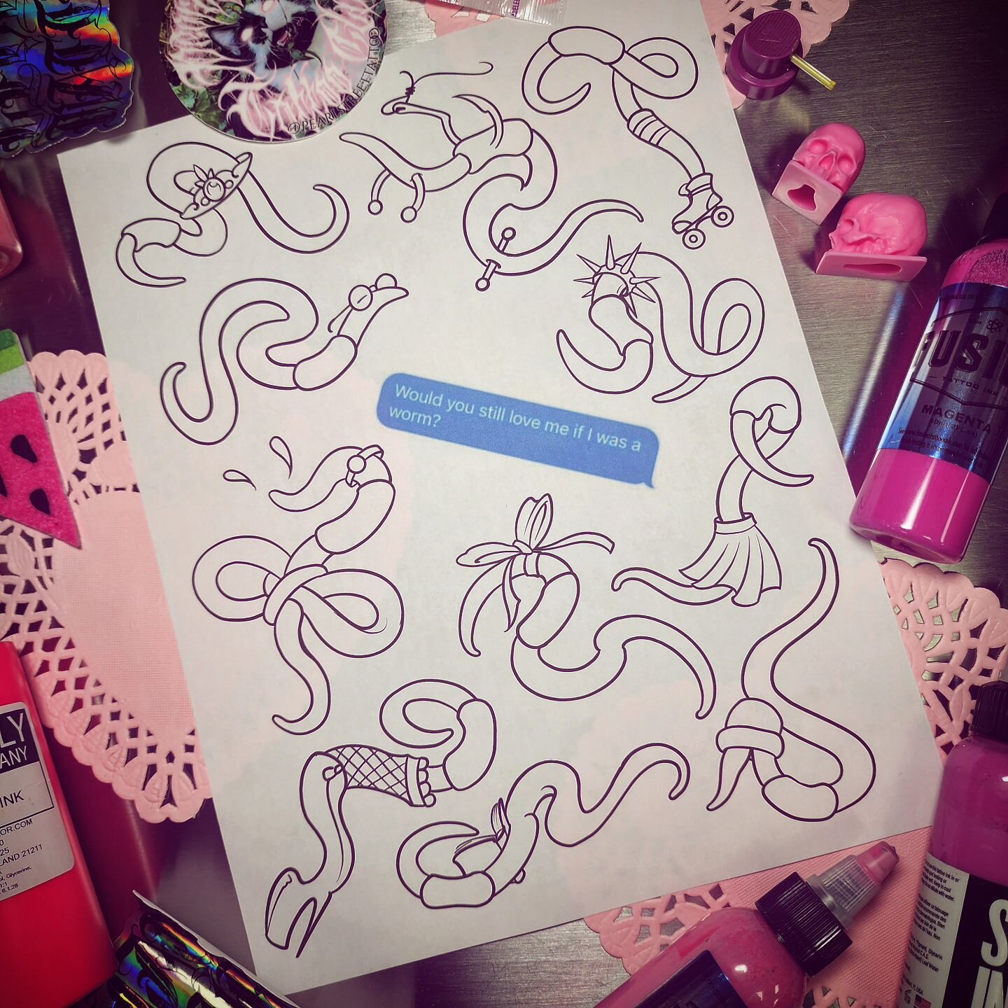 Would you still love me if I was a worm?

Valentines flash sheet #2 
I started painting this but got distracted (probably by the Internet tbf) so here's some linework! 
I'm fully booked for our flash day but I'm down to tattoo anything from either va