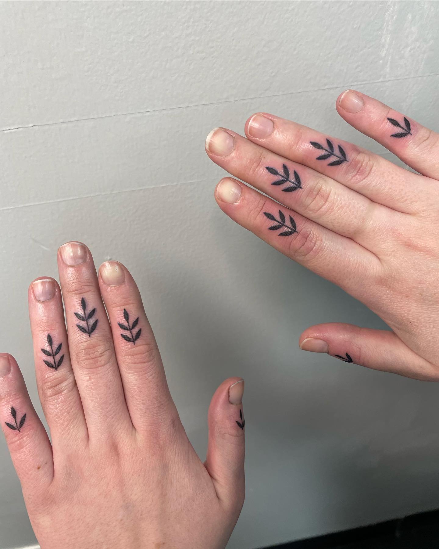 extremely excited with how these came out 🩵🌱 i appreciate your trust lauren! thanks for bringing me things to be meticulous about! #fingertattoos #leaftattoo #ornamentaltattoo #worcesterma