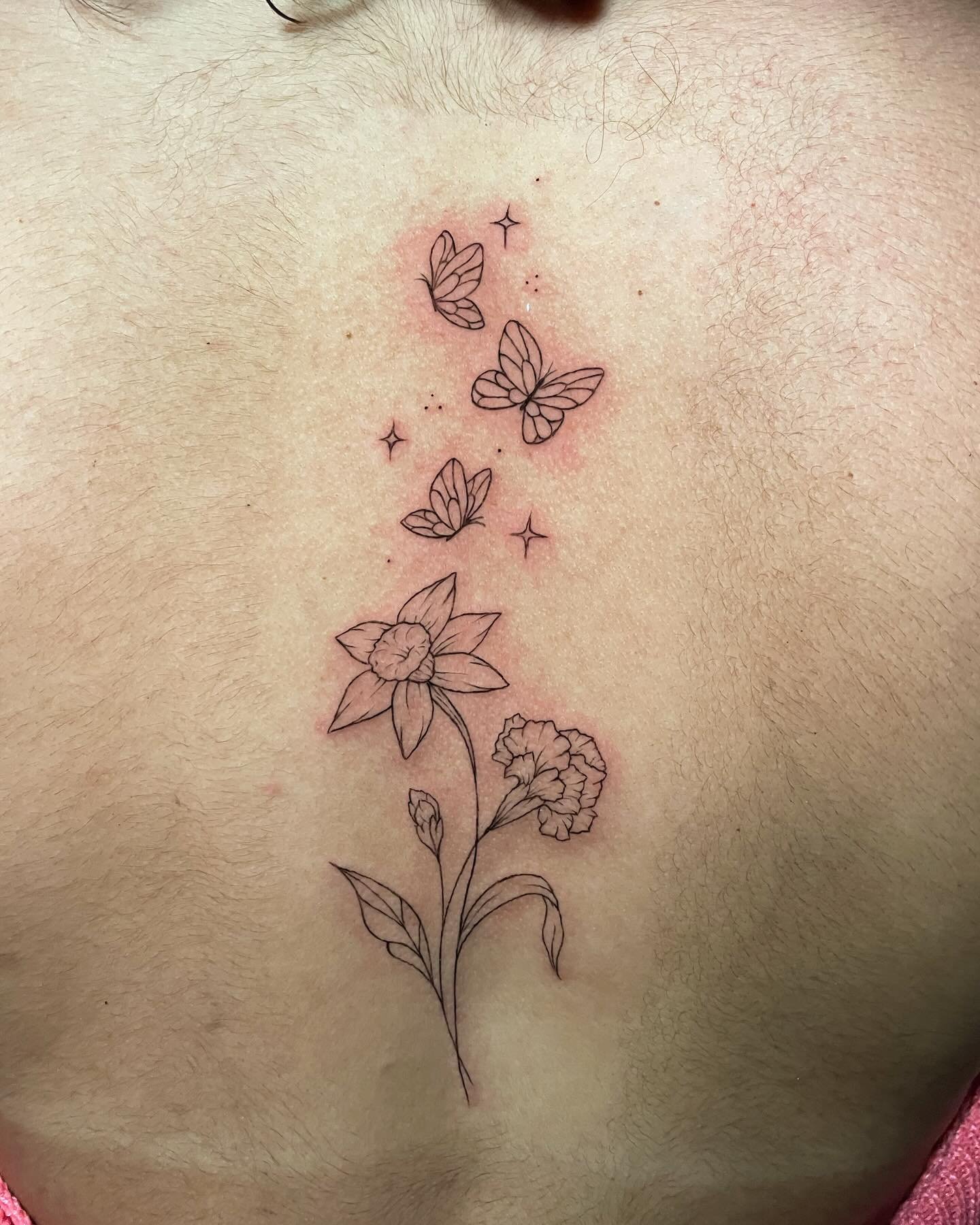 super delicate spine piece for Natalia 💐🦋 thank you for your trust, and for sitting so good!! I&rsquo;ve been warming up at @pearlstreettattoo and am super excited to dive in and create these gorgeous forever pieces for you all 🩵 to book, send an 