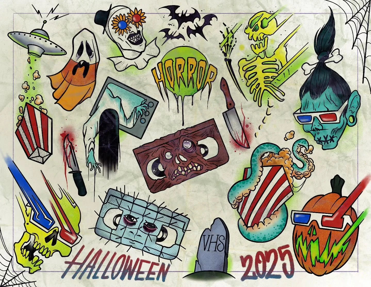 🛸 Halloween Flash! 🛸
Welcome to Shockbuster! Where the V in Arran V stands for VHS! 
I wanted to lean into the movie side of horror this year and make some designs that felt like renting a scary movie or going to the cinema! Or more specifically, t