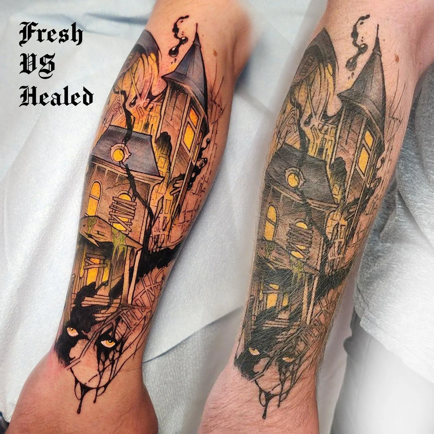 Fresh VS 1 Year Healed 
This was a really fun tattoo to make, trying to figure out how to incorporate the map of Bangor, Maine, and highlight the river system that helped inspire the book!

Thanks for looking after this @synymatographer always a plea