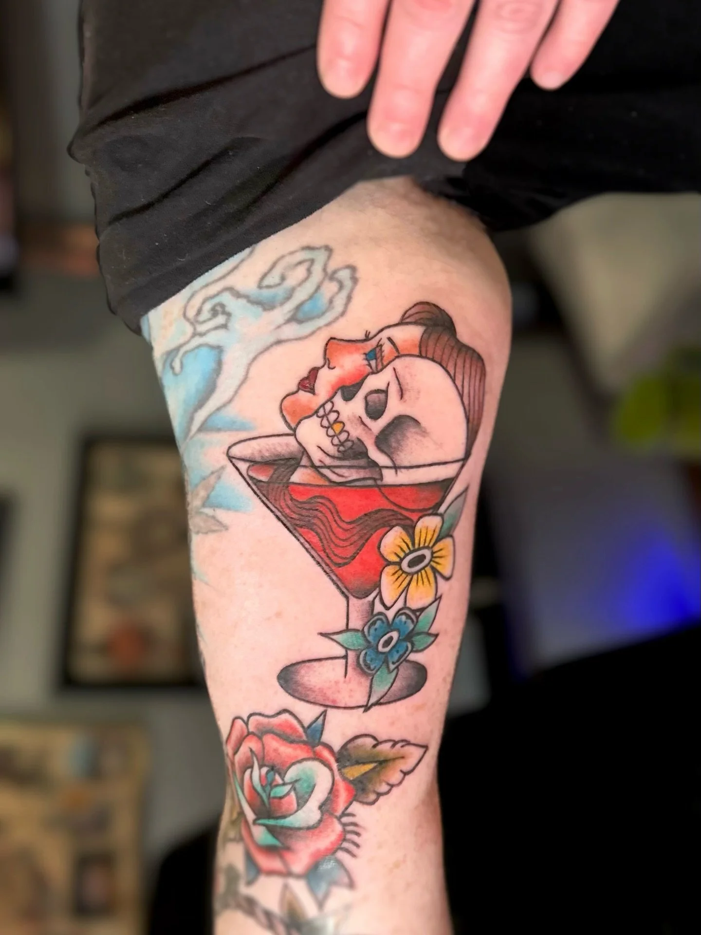 Progress on @mblais1070 &lsquo;s traditional sleeve 🍸💀👄

#traditional #tattoo #traditionaltattoo #boldwillhold #ladyheadtattoo