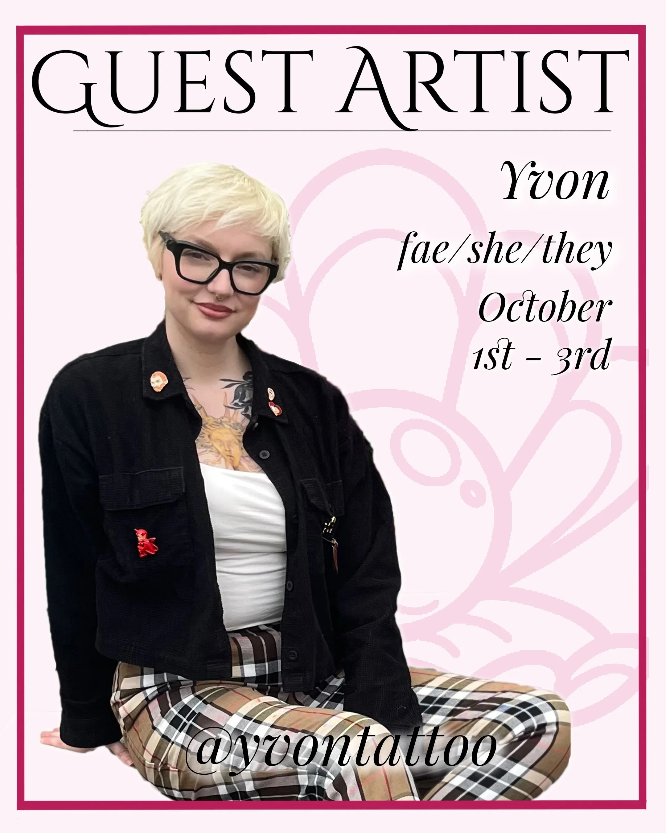 :* ✧GUEST ARTIST ANNOUNCEMENT ✧･ﾟ: 

Yvon (@yvontattoo) will be blessing us with their whimsical presence from October 1st-3rd! Swipe to see some of their latest works~ 

With neo-traditional and illustrative styles, Yvon is inspired by art history, 