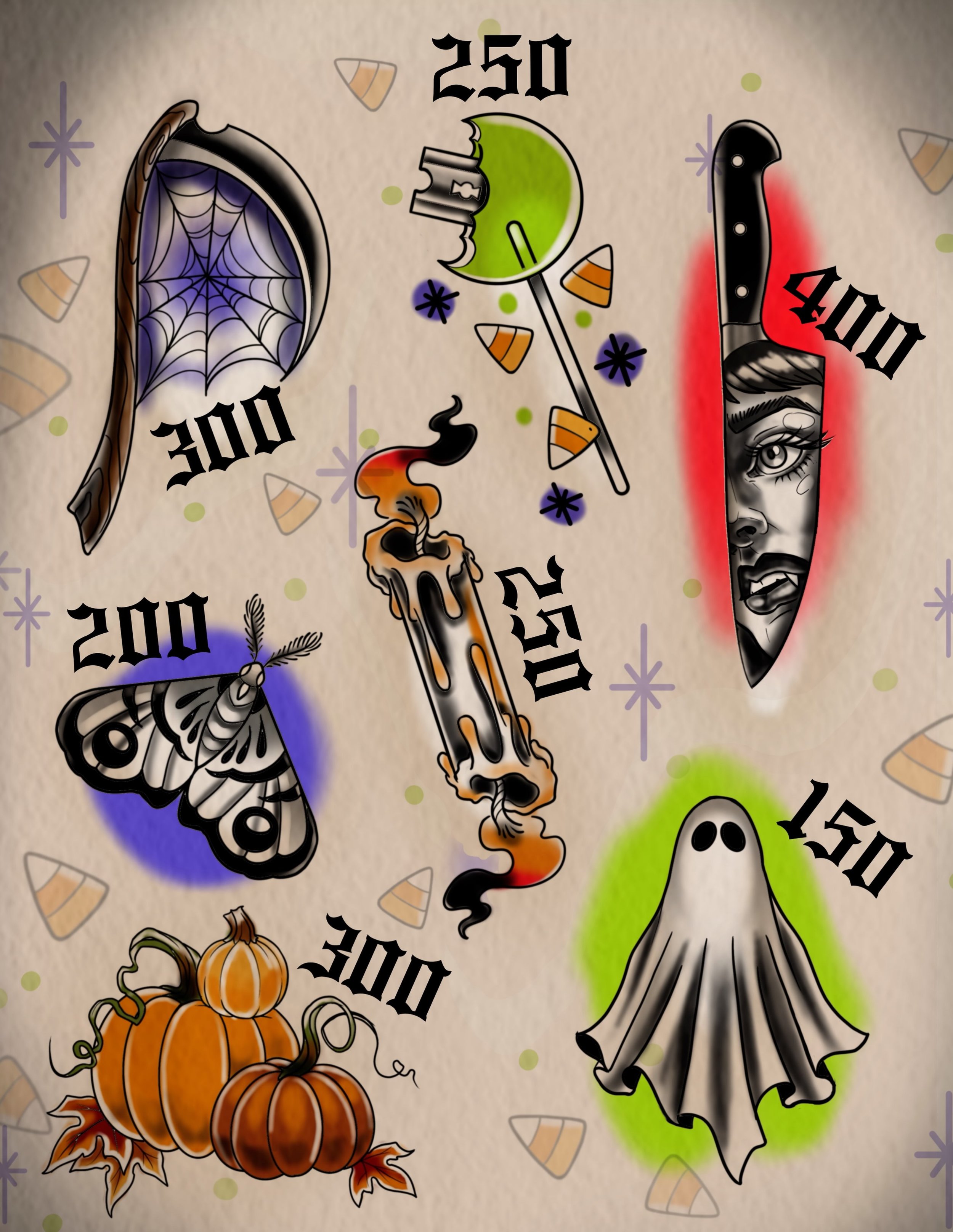 As promised here is some additional Halloween flash!  I will tattooing these at set prices leading up to and on Halloween!
.
All pieces will be around palm size to slightly larger for the taller designs. They can be done in color or black and gray. A