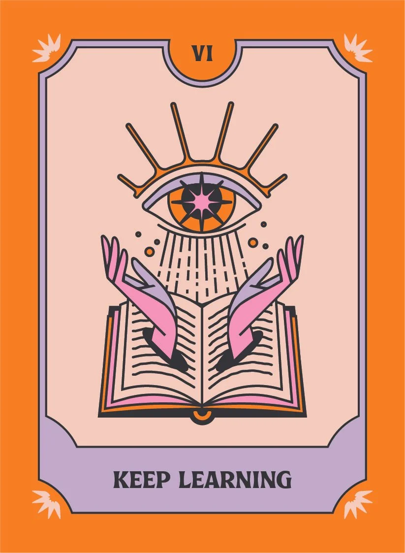 Illustration with an eye, open book, and hands, with the text "Keep Learning."