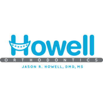 Logo for Howell Orthodontics with a stylized smiley face with braces forming the 'H' in Howell, featuring blue and white colors and text displaying the dentist's name, Jason R. Howell, DMD, MS.
