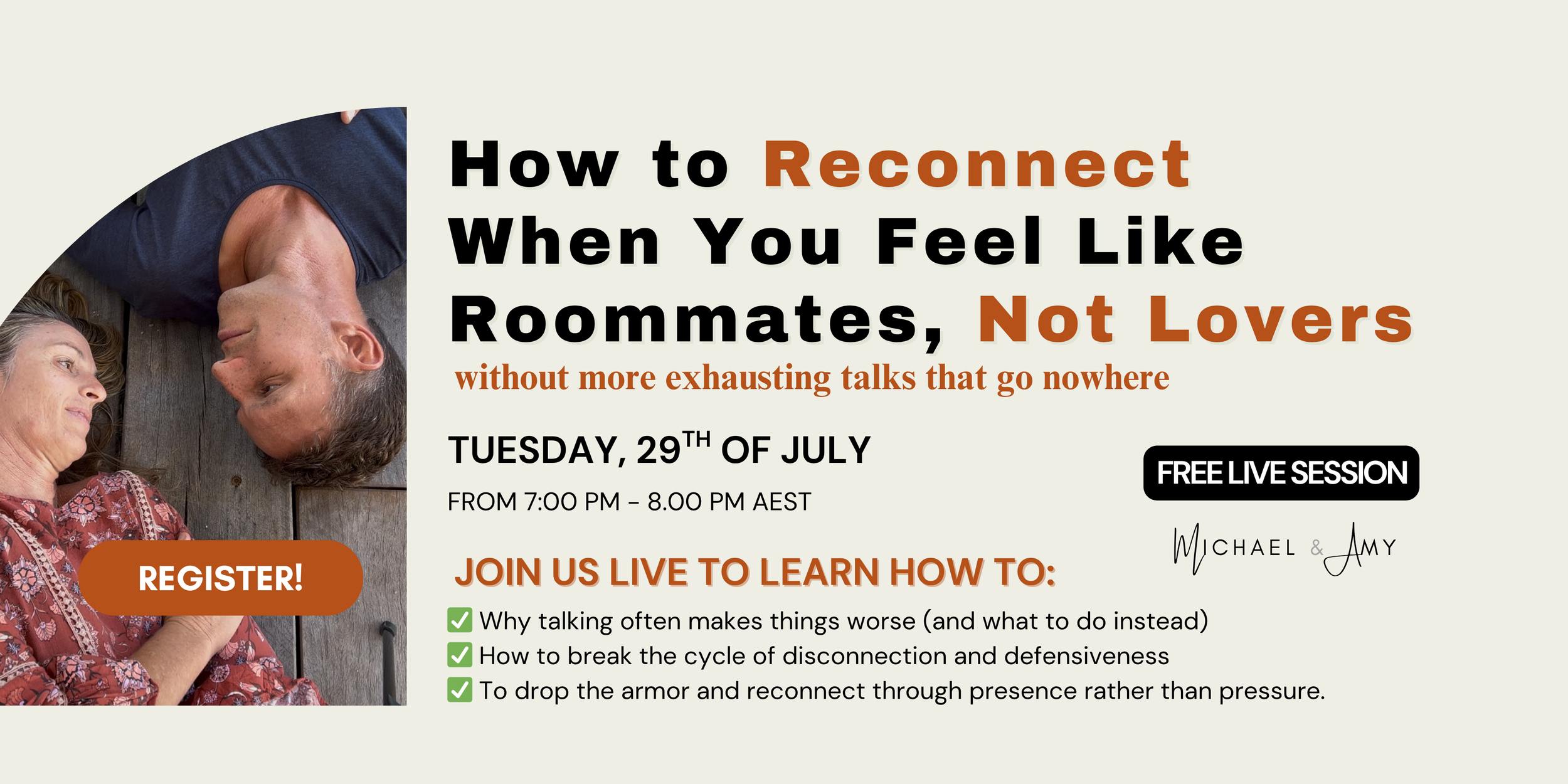 FREE ONLINE WORKSHOP: How to reconnect when you feel like roommates, not lovers