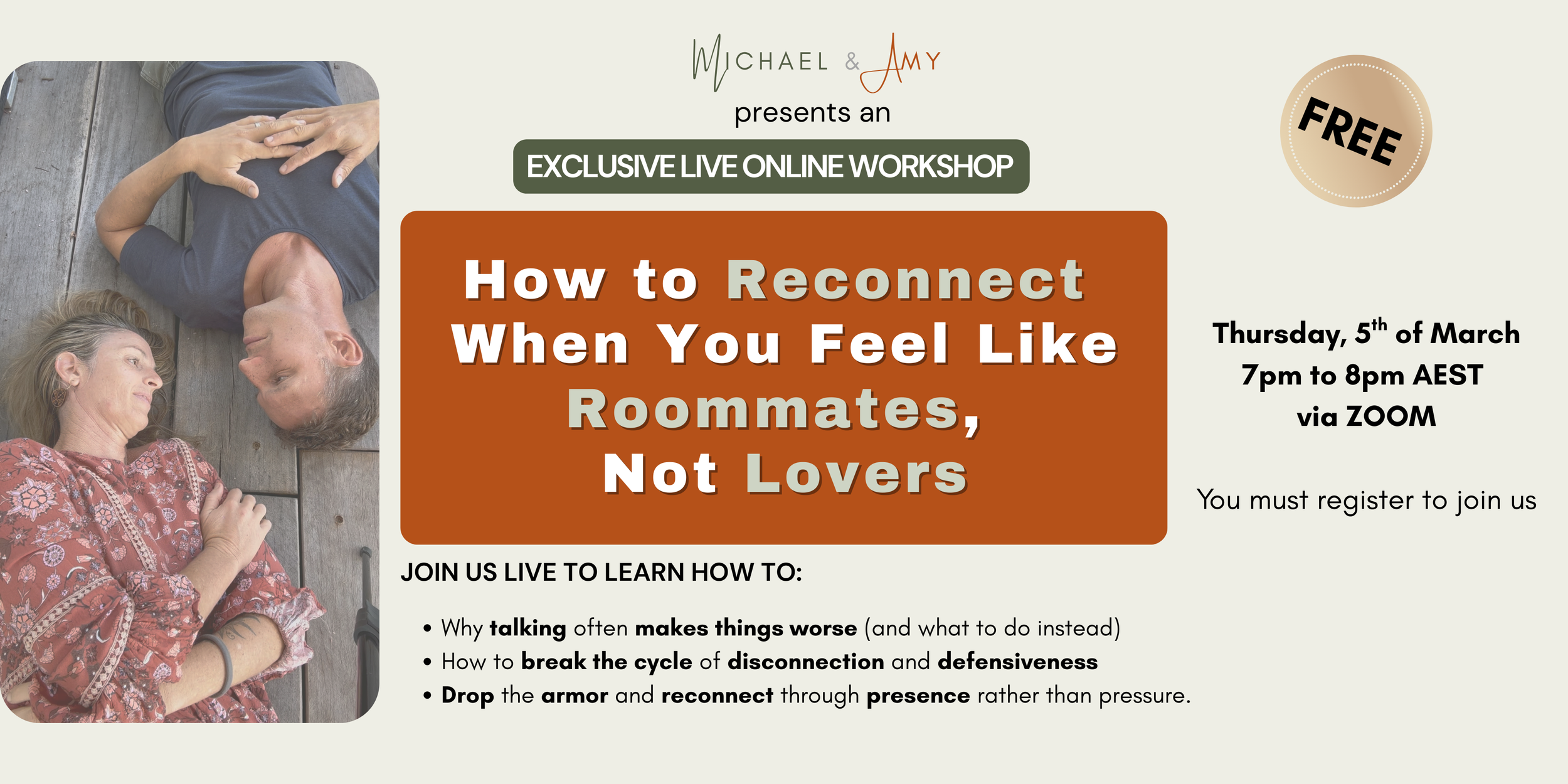 FREE ONLINE WORKSHOP: How to reconnect when you feel like roommates, not lovers 