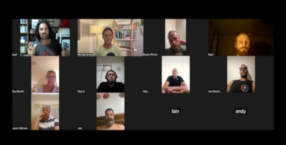 Screenshot of a virtual video conference call with multiple participants in a grid view.