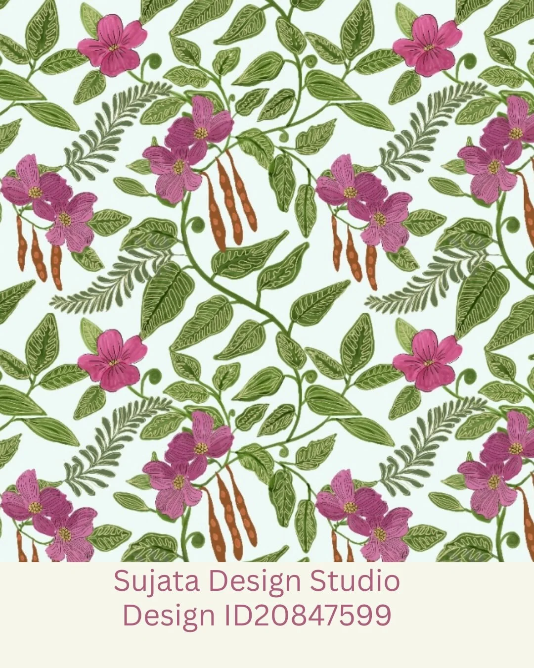 Not so new pattern in my Spoonflower shop with a trailing vine of pink florals and seed pods among green leaves. Fresh and yet some what old fashioned...
 #spoonflowerdesign #spoonflowershop #sujatadesignstudio #wallpaperart #grandmacoreaesthetic