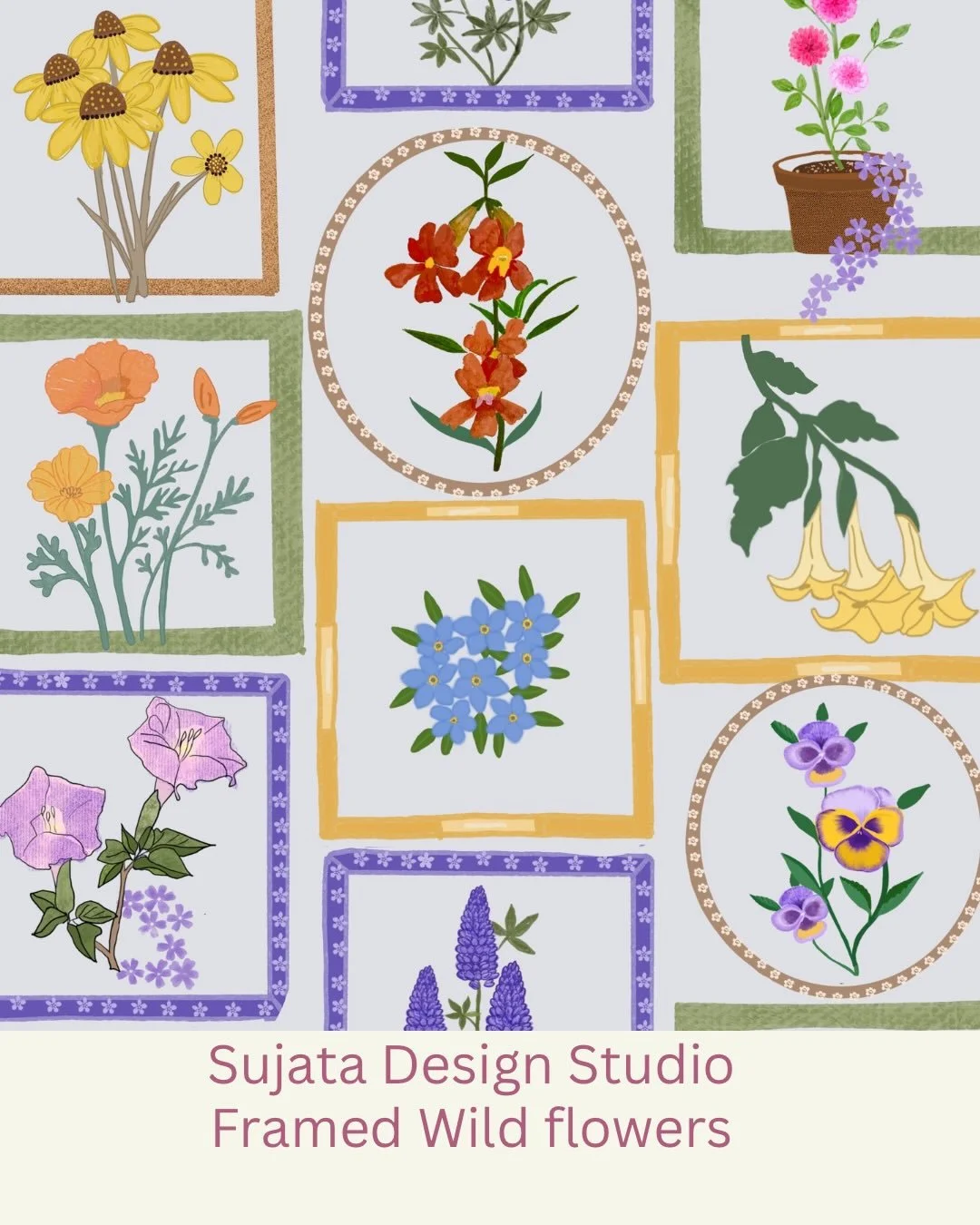 Framed wildflower paintings pattern for wallpaper design challenge at #spoonflower this week. One option is laid out in straight lines and the other staggered. A pretty option for a bright room! I would love your vote if you're on Spoonflower. #spoon