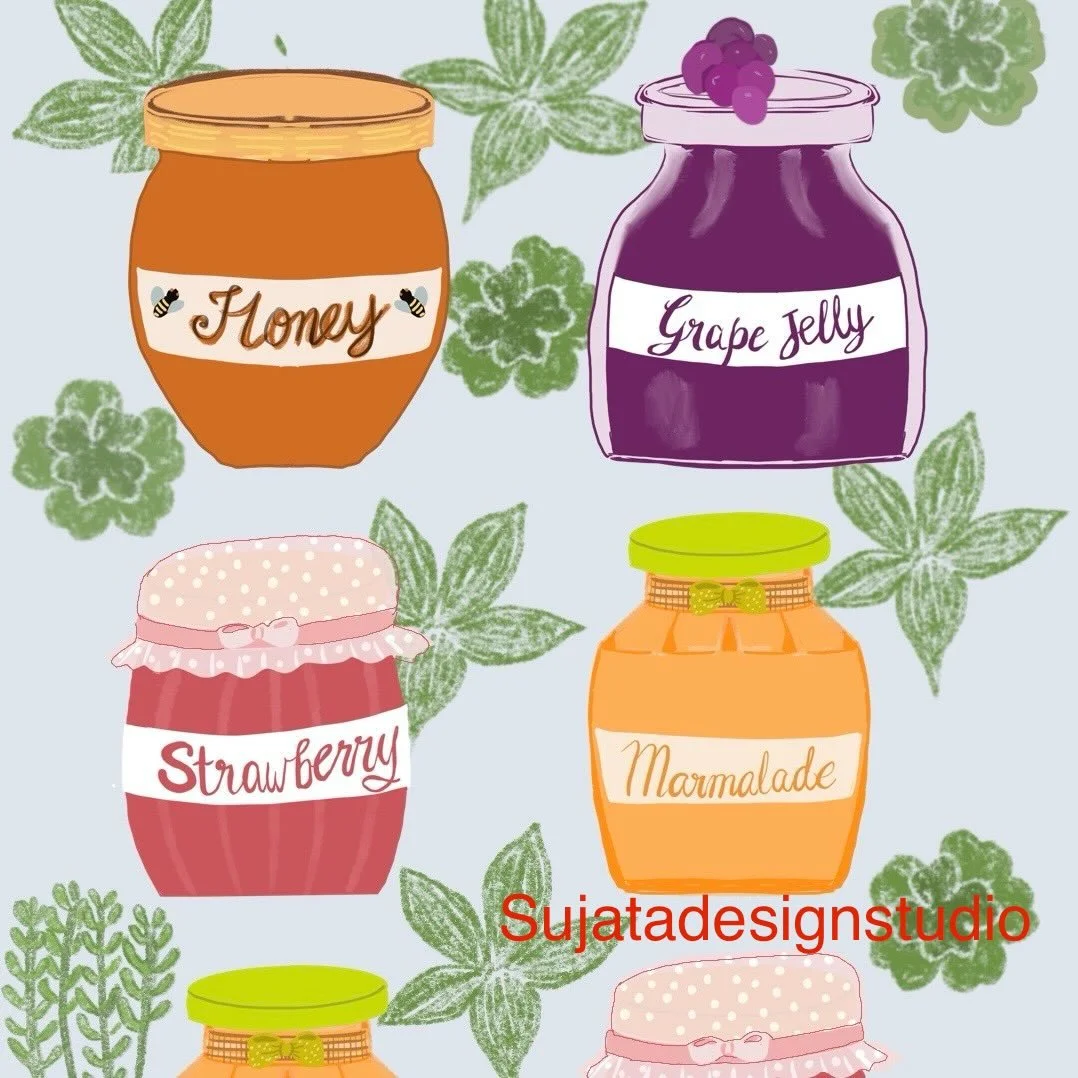 Jam, jelly,marmalade and honey made and ready to sell at a farmers market along with fruit, cupcakes and lemonade! My Spoonflower design challenge entry for this week's farmers market theme is called Jam berry juice ! DESIGN ID: 21545273 on sale at #