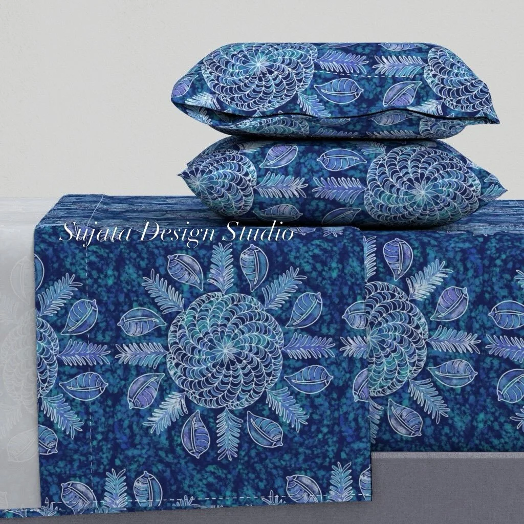 This weeks' entry for the #spoonflowerchallenge Batik inspired mandalas in blues for home decor and resort wear. #beachy #resortwear #spoonflowerdesignchallenge #bohoprints