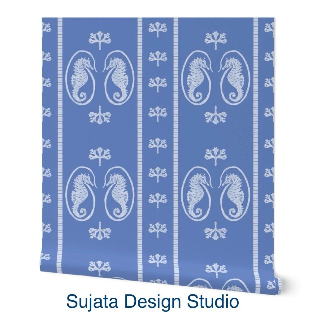 Seahorses and coastal motifs in soothing blue&mdash;perfect for a modern nautical vibe for this weeks' #spoonflowerdesignchallenge Available in my Spoonflower shop in two colors and coordinate patterns. Hope you like and vote for this design!
#coasta