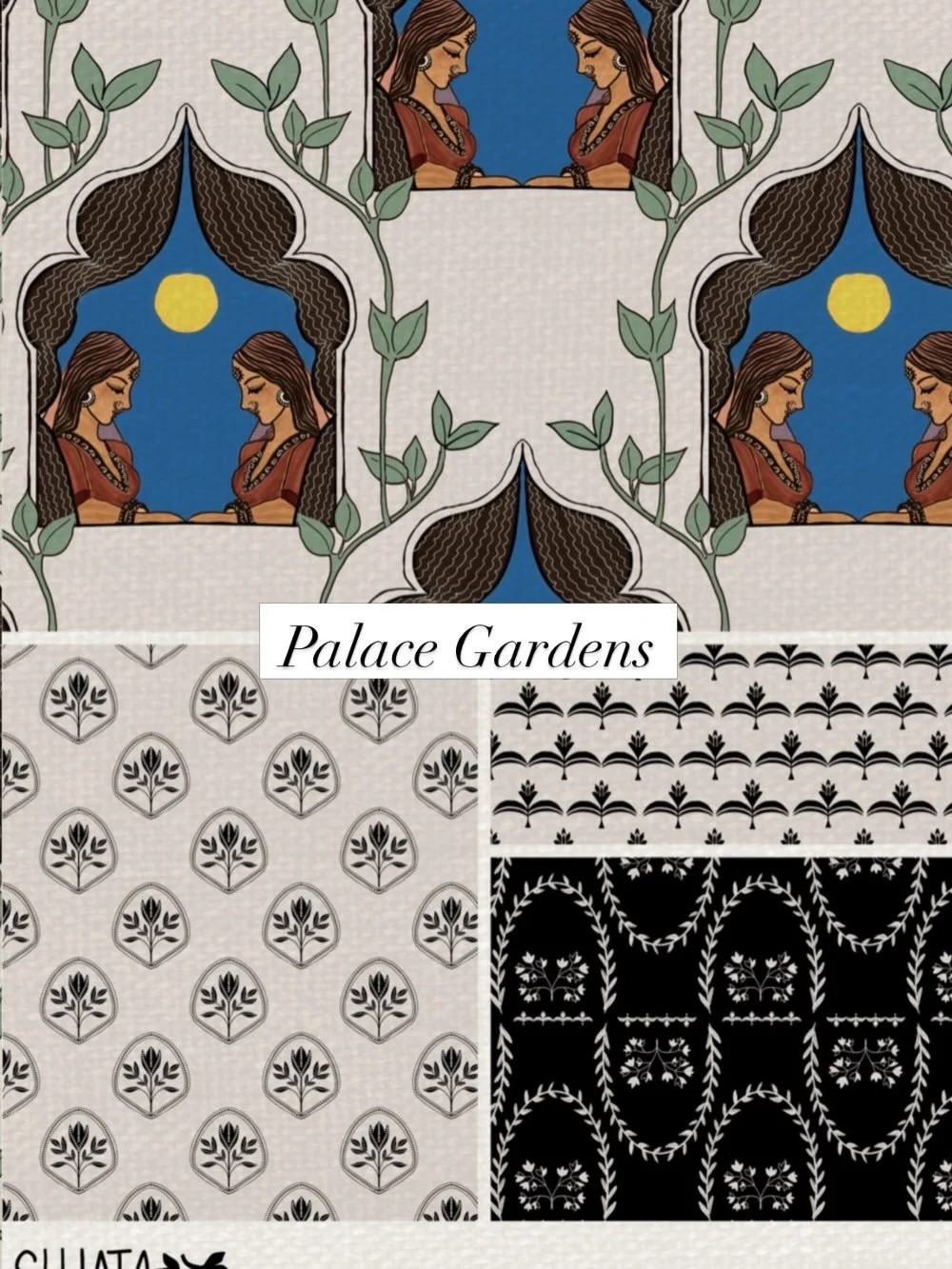 Palace Gardens 🌿

Inspired by the quiet beauty of palace courtyards, moonlit arches, and delicate botanical motifs, this collection blends timeless Indian influences with modern surface pattern design.

Seeing these patterns come to life on fabric a