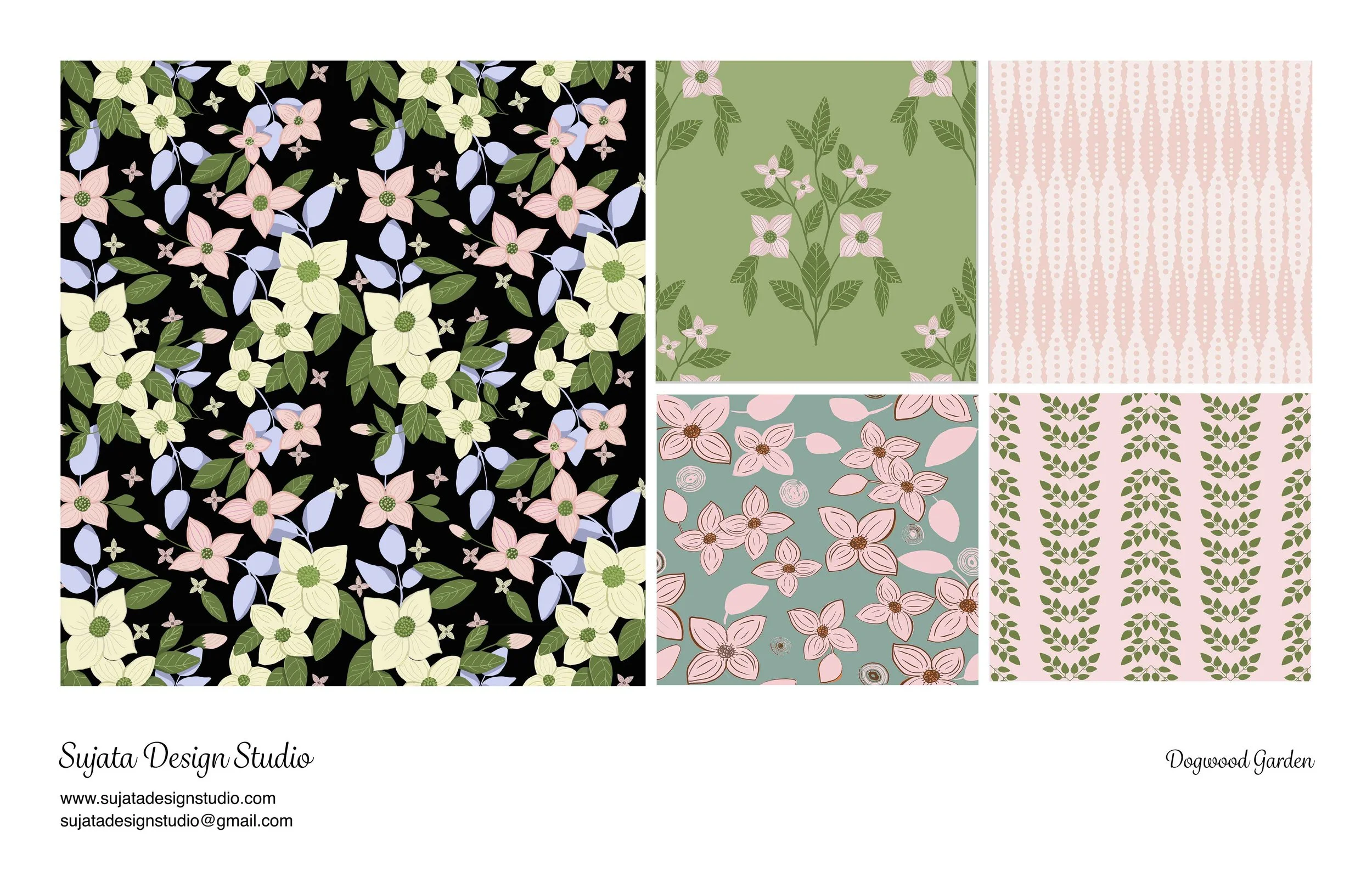 Large scale dogwood blossoms in pink and yellow on black background