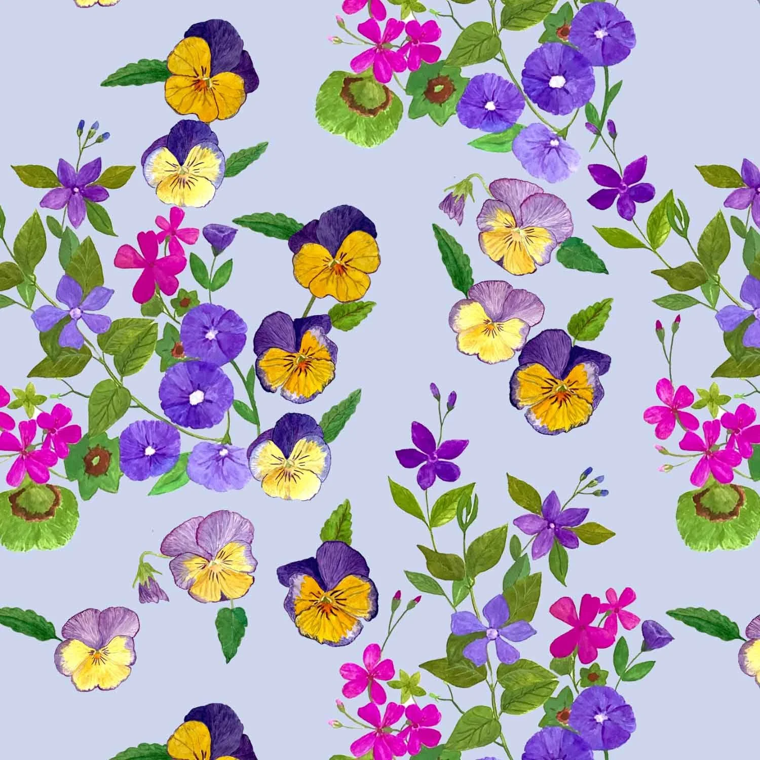 Watercolor violas, vinca and petunias from a California garden