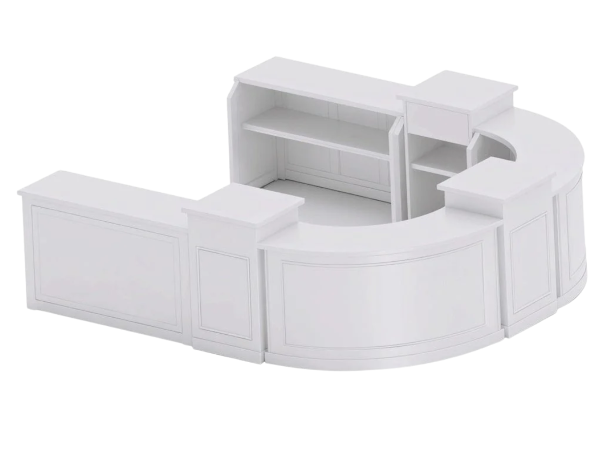 White curved reception desk with shelves and panels.