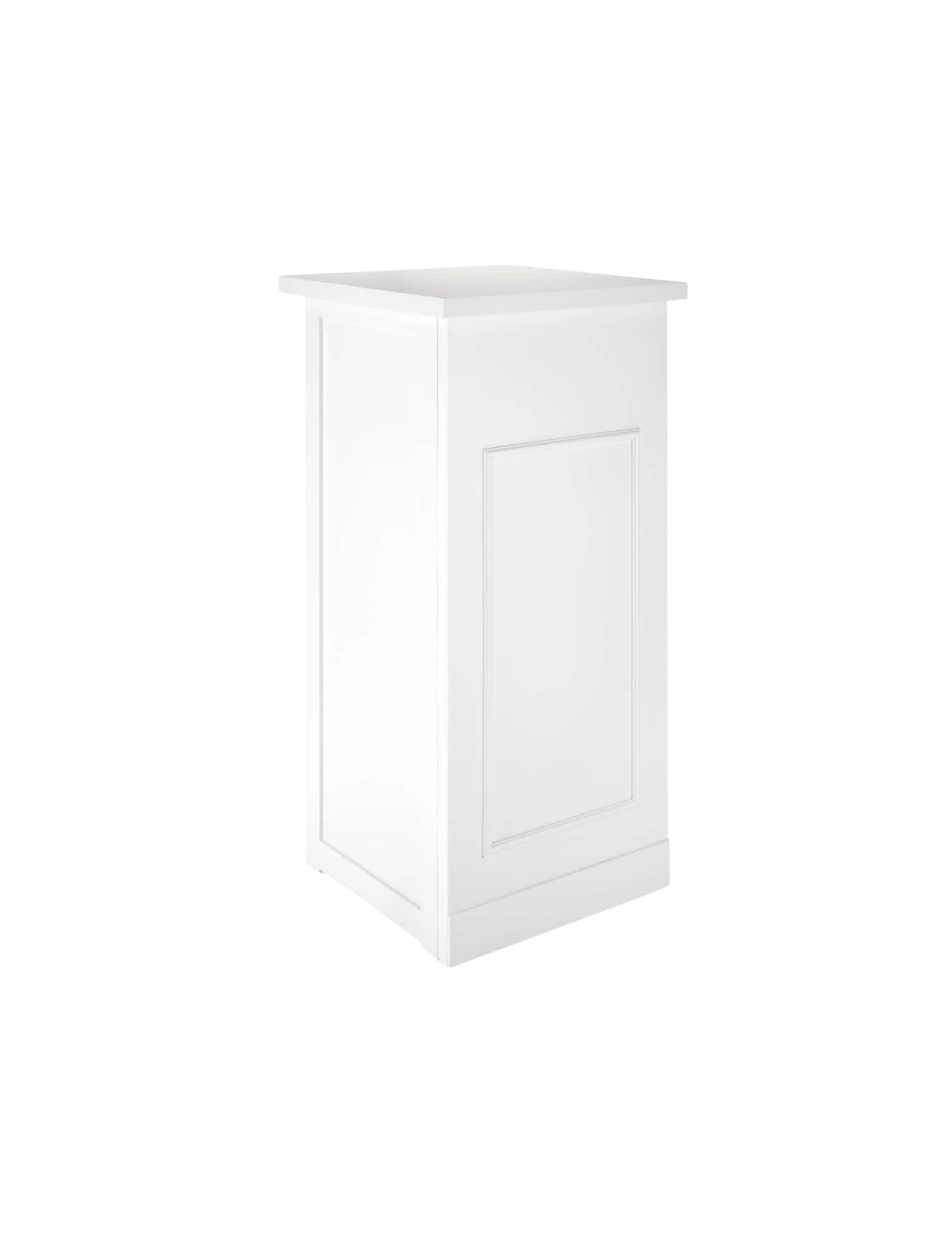 A white kitchen cabinet with a single door and an open shelf on top, placed against a plain white background.