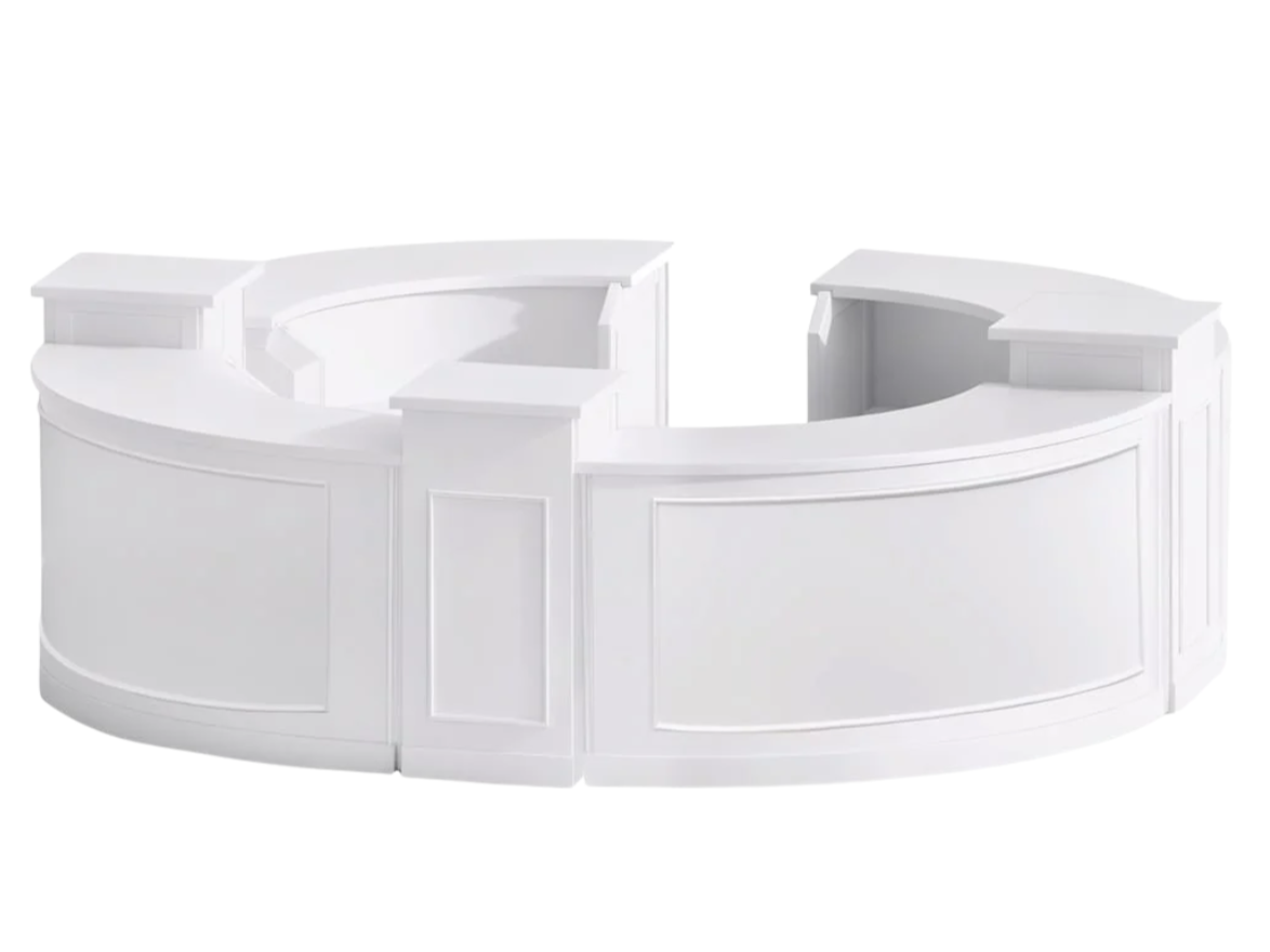 White curved reception desk with panel details.