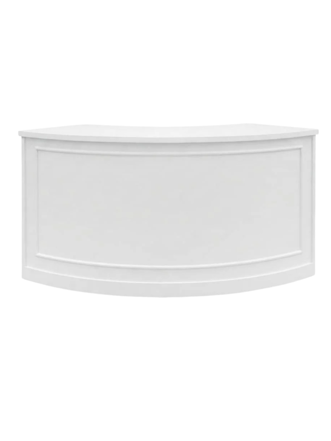 White curved reception desk with panel detail.