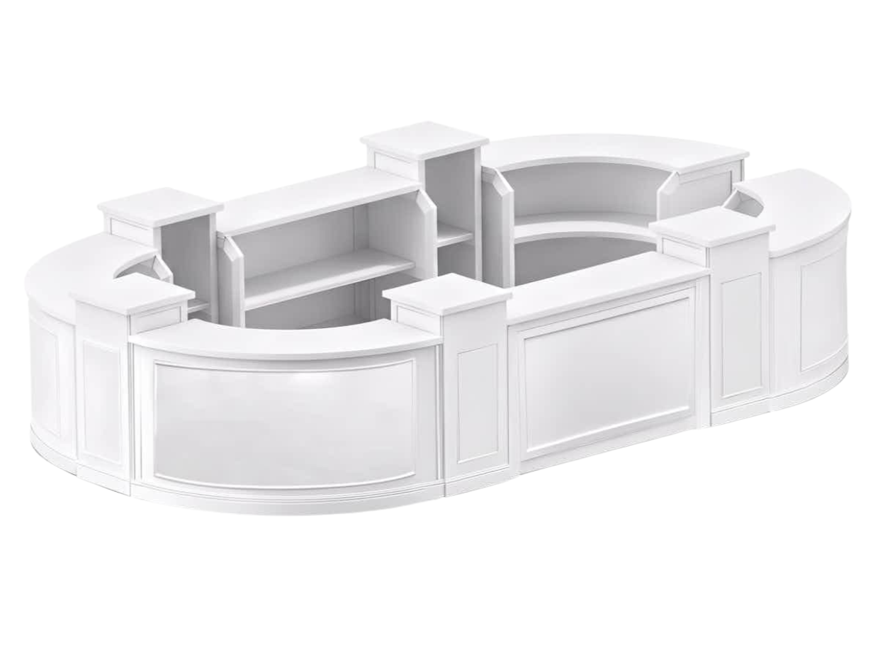 White built-in curved reception desk with shelves and cabinets.