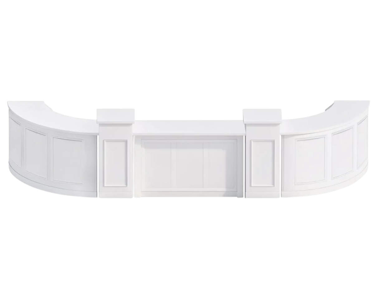 White curved reception desk with panel details and two supporting pillars.