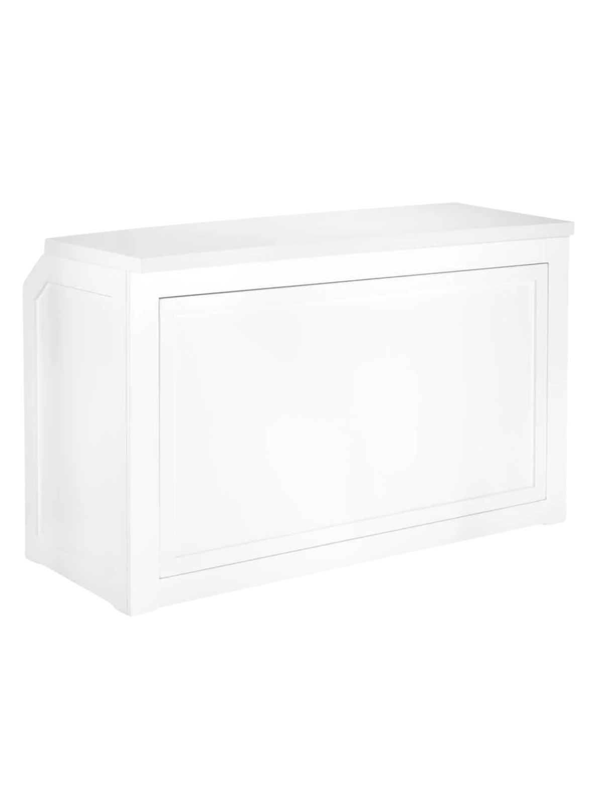 White storage bench with a cushioned top and paneled sides.