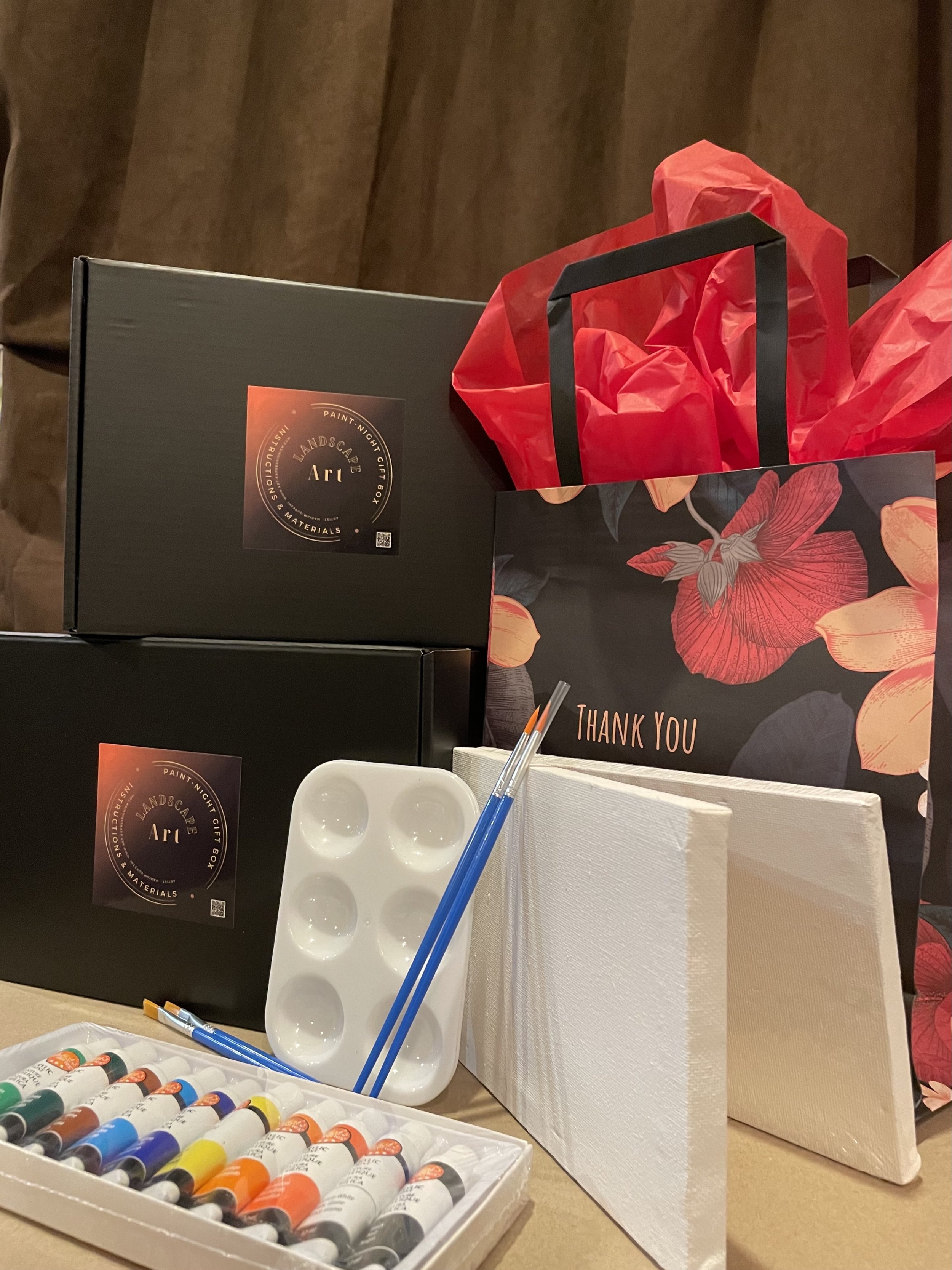 Paint night gift box I created as a transportable art workshop. Each box includes materials and instructions to paint an expressive landscape inspired by the landscapes found in Alberta. These boxes are available at the annual The Box Show at the Bay