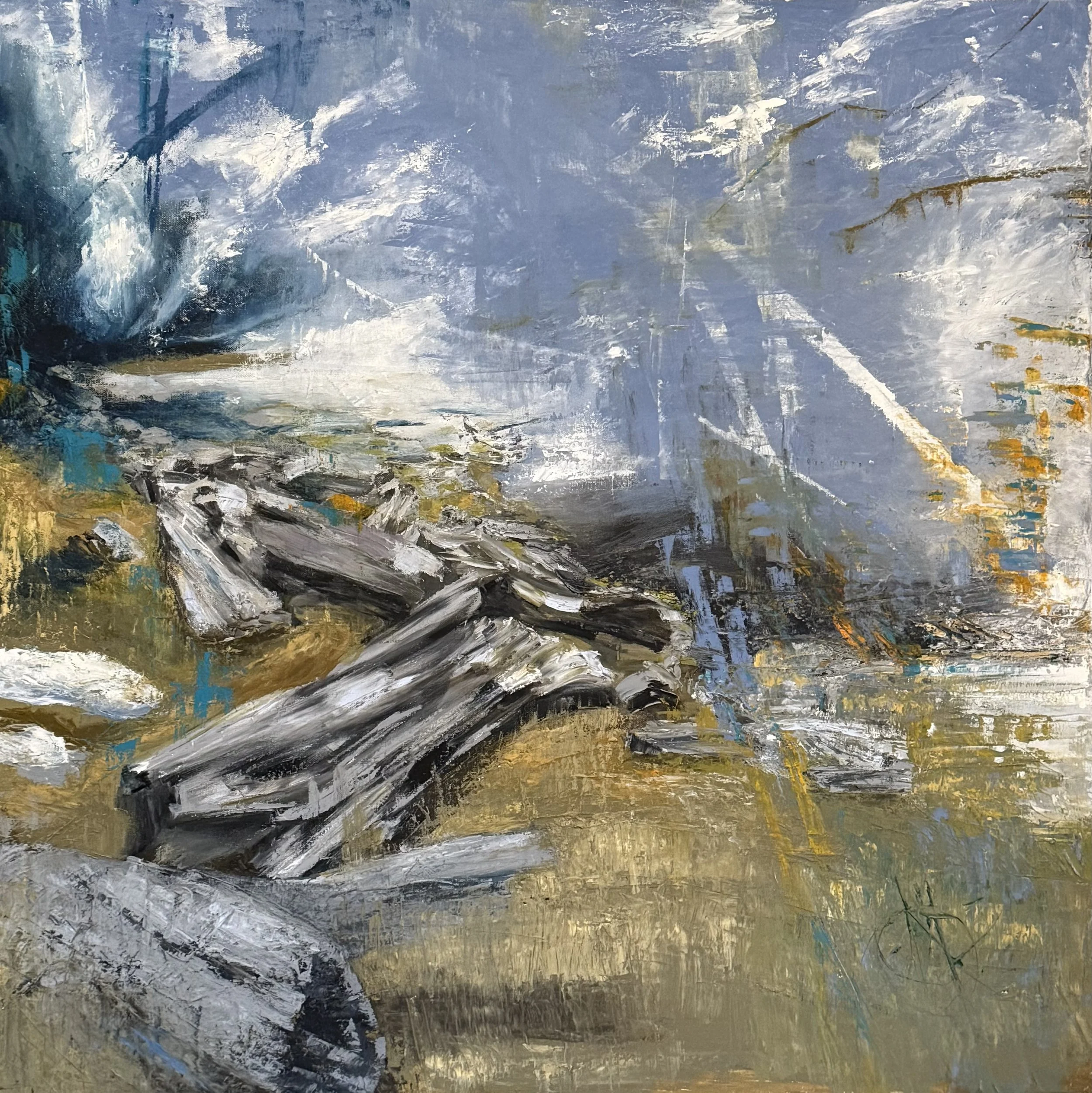 What Remains - Oil painting - 36"x36"x2"-  "A quiet testament to the wood that travels a lifetime to find its shore—painted through the heat of the sunflowers and the silence of the snow, until the image finally offered the same comfort as the drift 